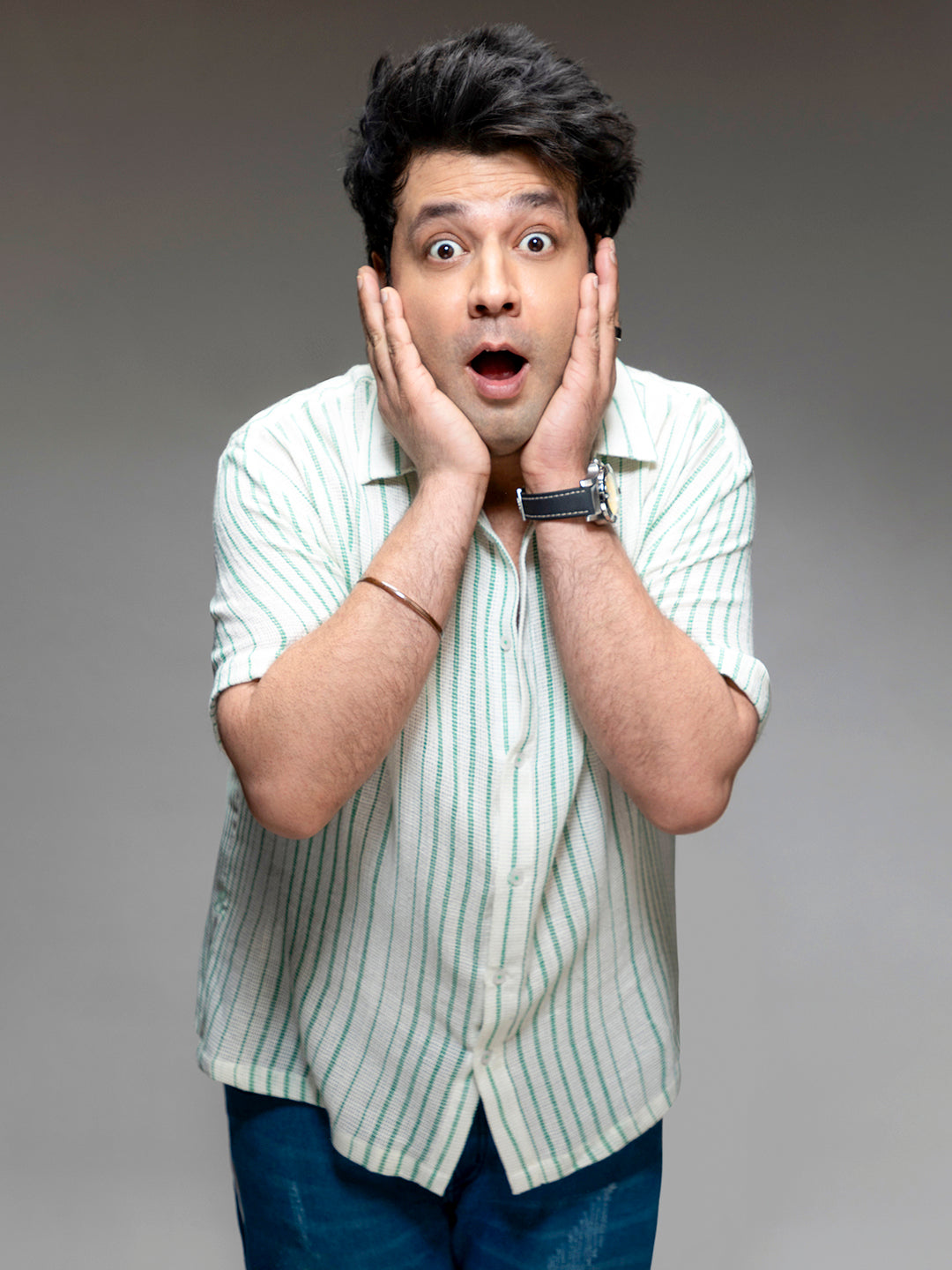 White & Green Unbalanced Striped Woven Shirt