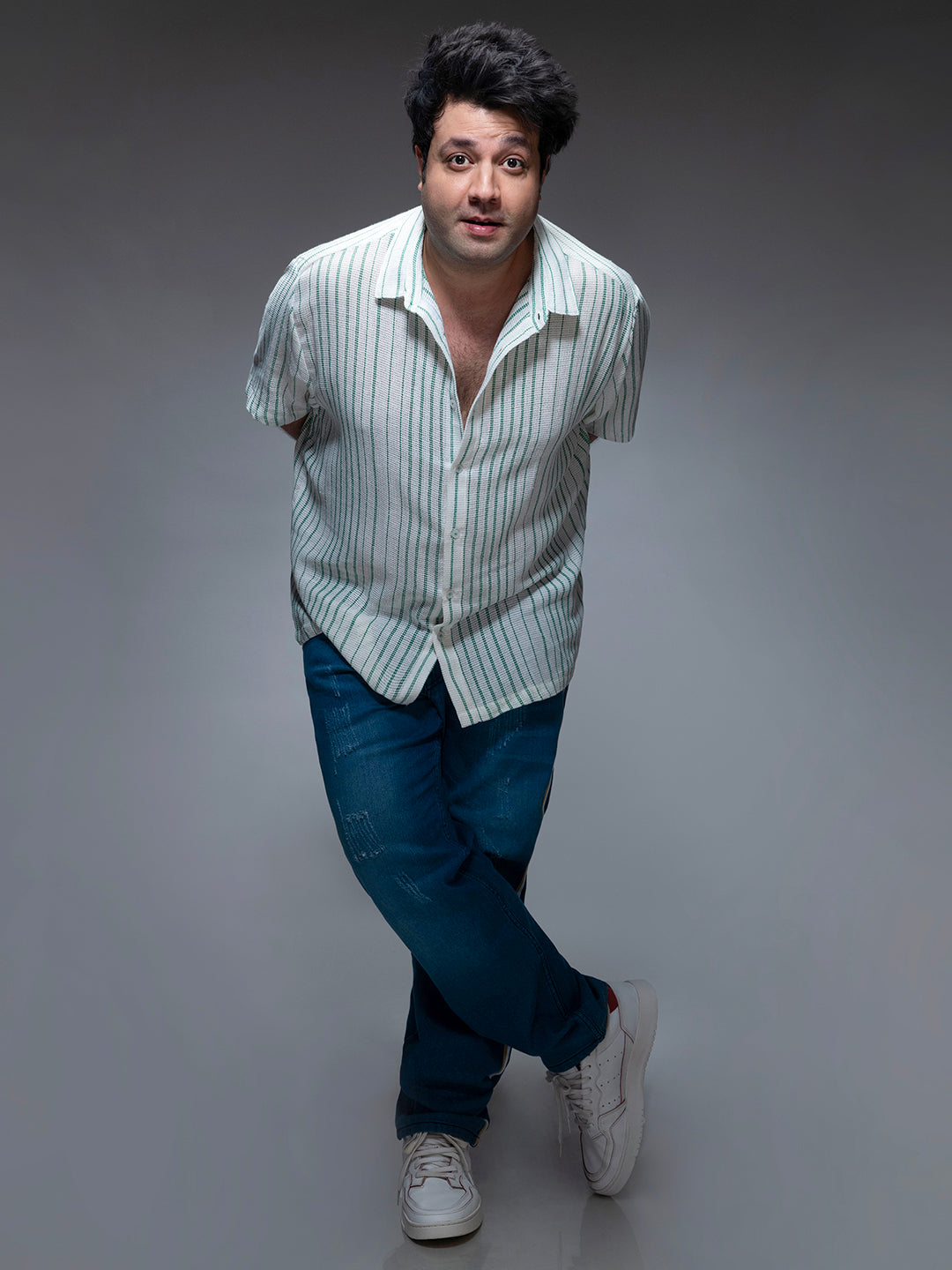 White & Green Unbalanced Striped Woven Shirt