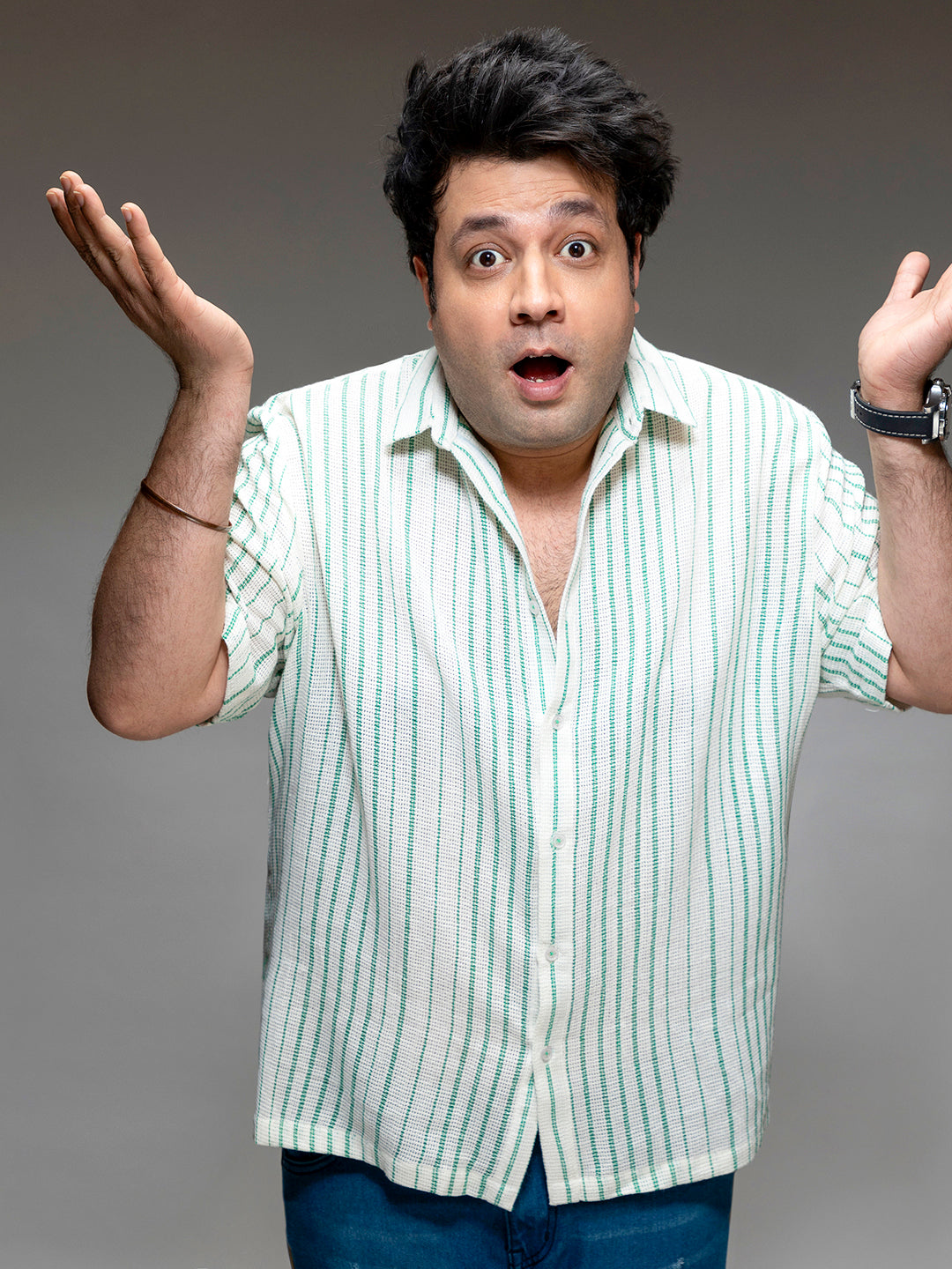 White & Green Unbalanced Striped Woven Shirt