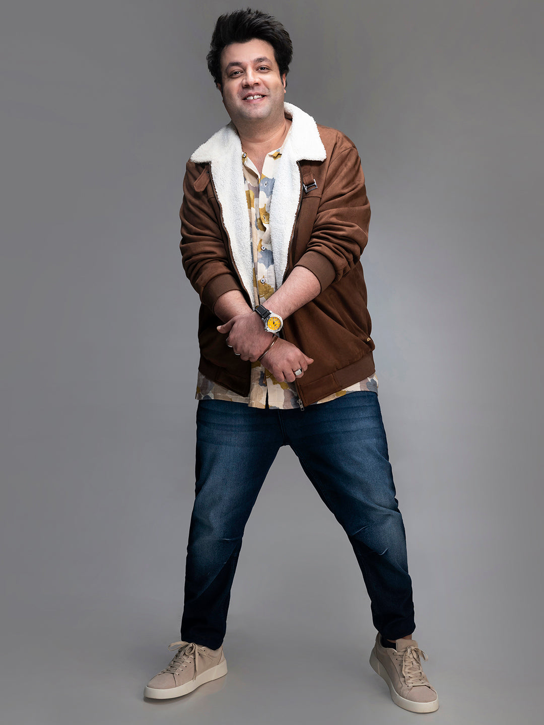 Brown Zip-Front Jacket With Fleece Detail