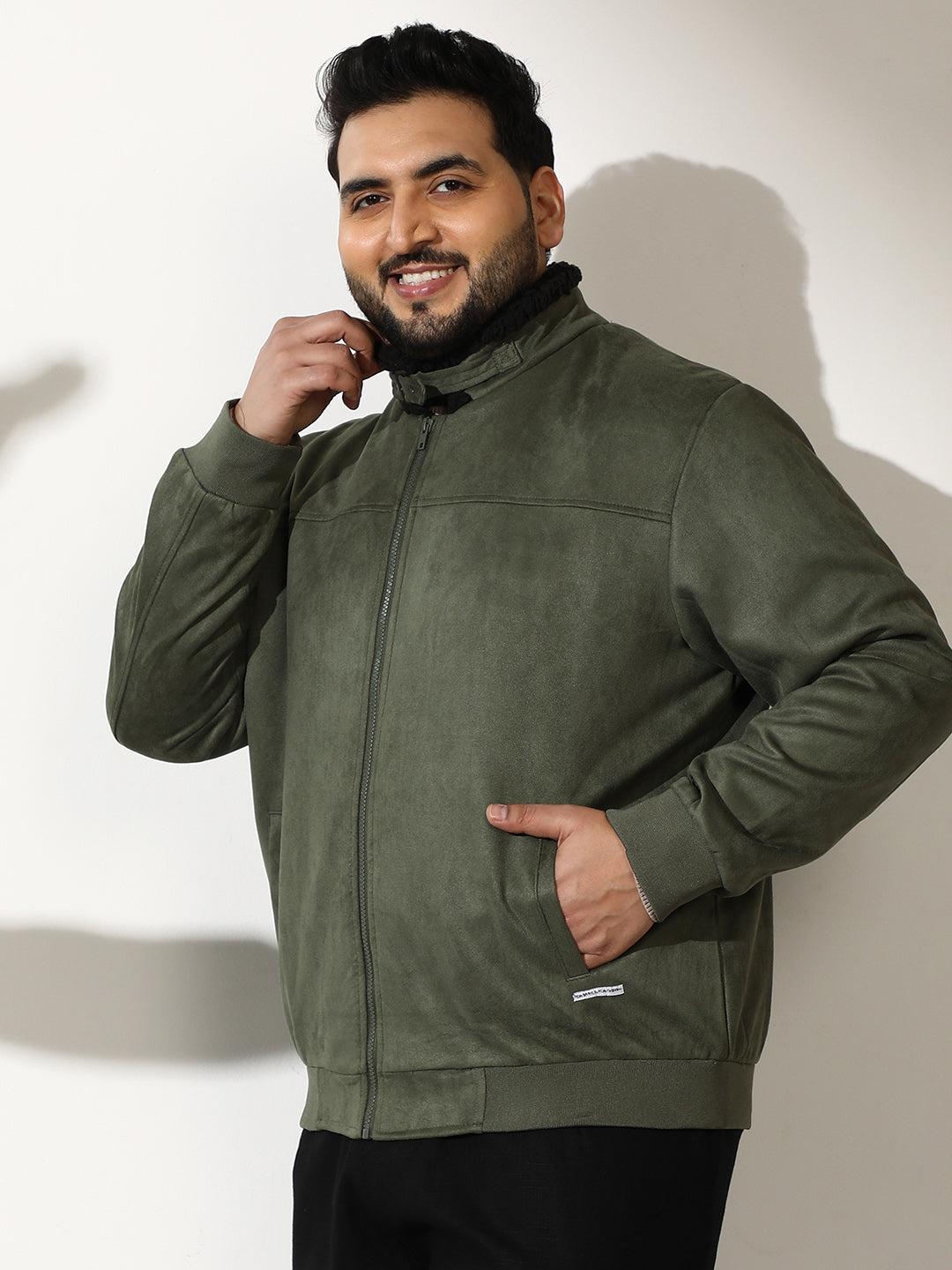 Contrast Sherpa-Lined Suede Bomber Jacket