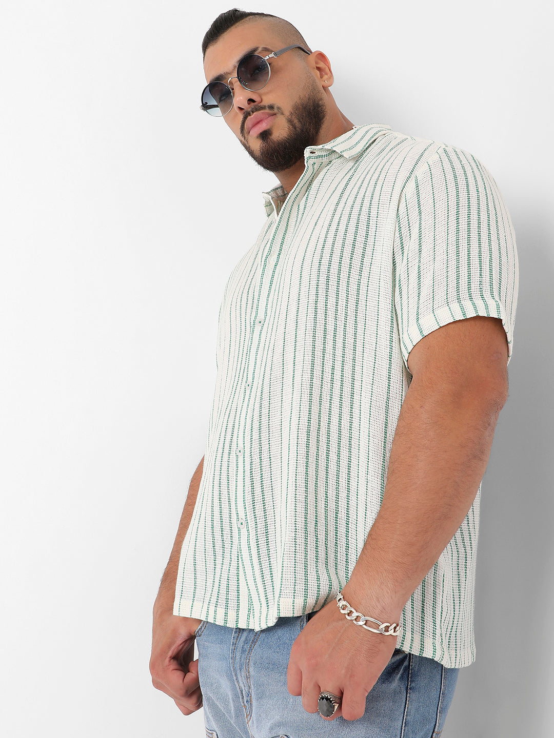 White & Green Unbalanced Striped Woven Shirt