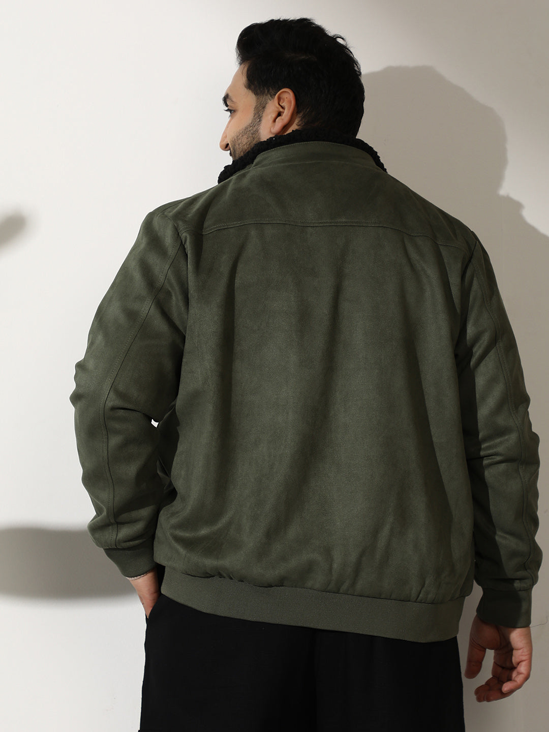 Contrast Sherpa-Lined Suede Bomber Jacket