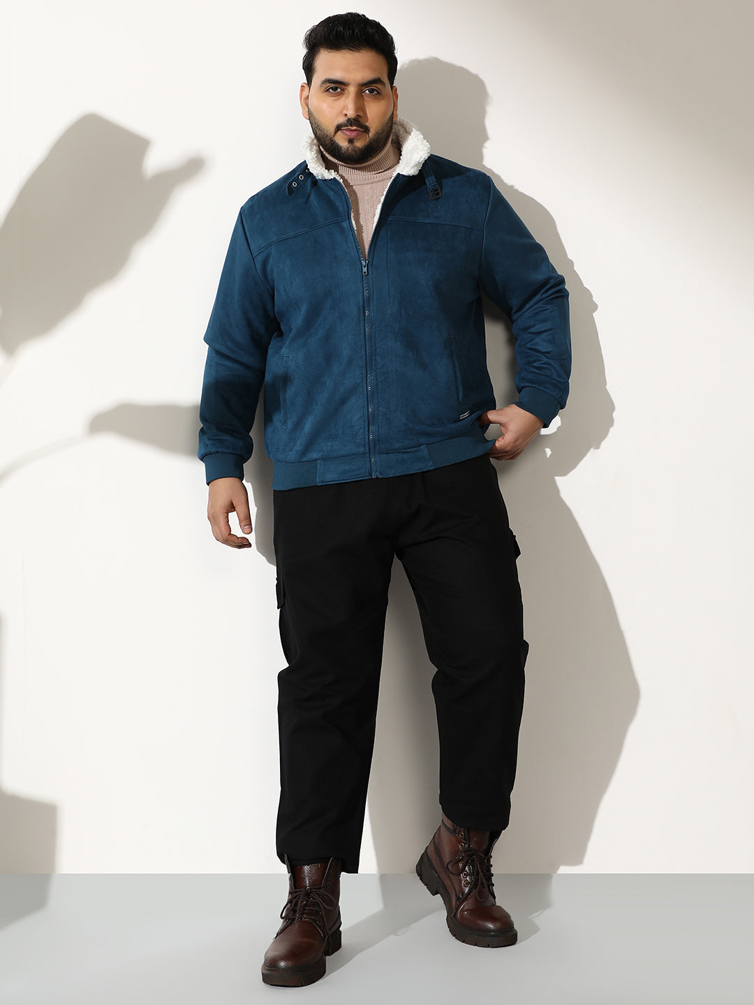 Contrast Sherpa-Lined Suede Bomber Jacket