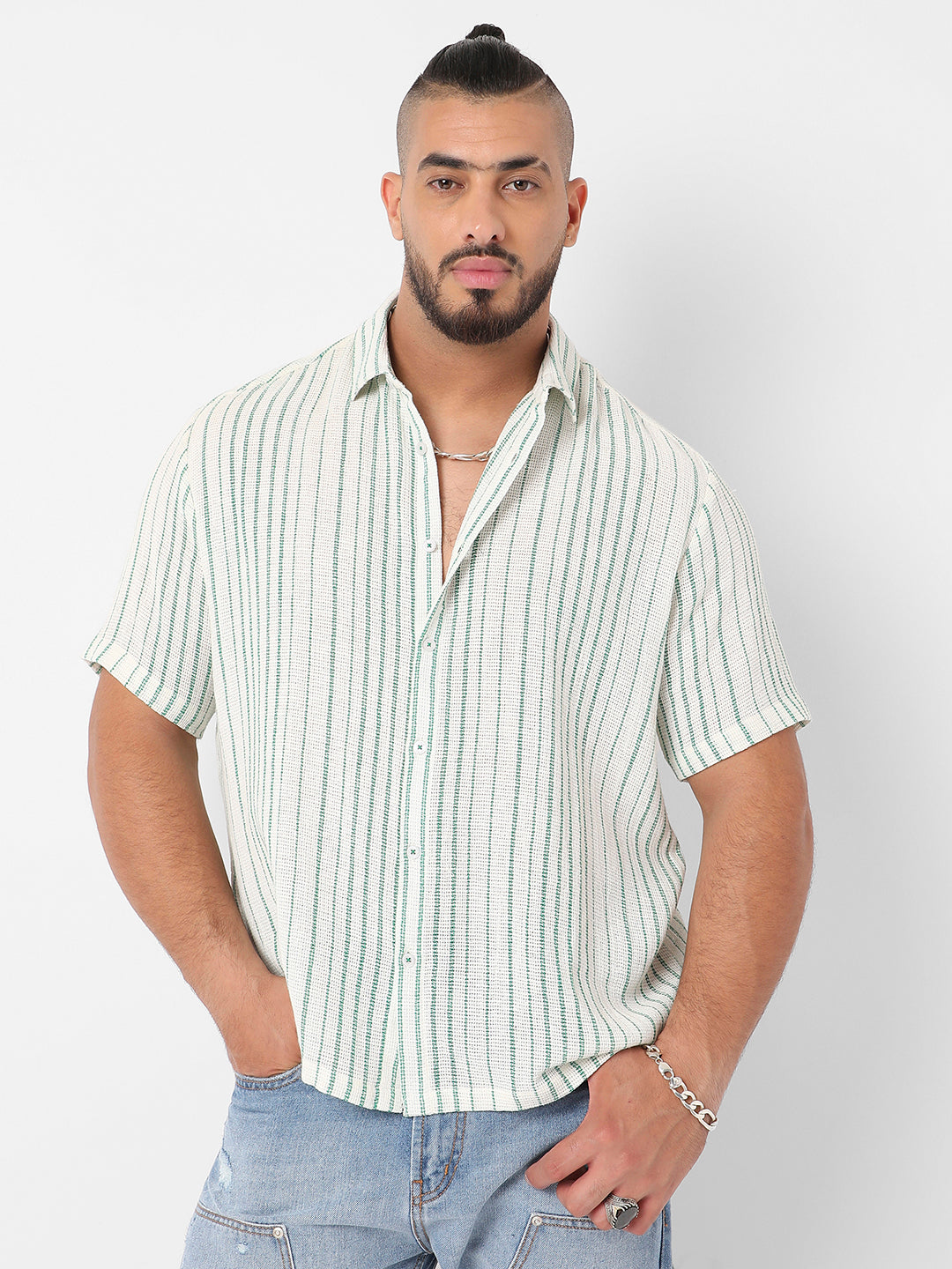White & Green Unbalanced Striped Woven Shirt