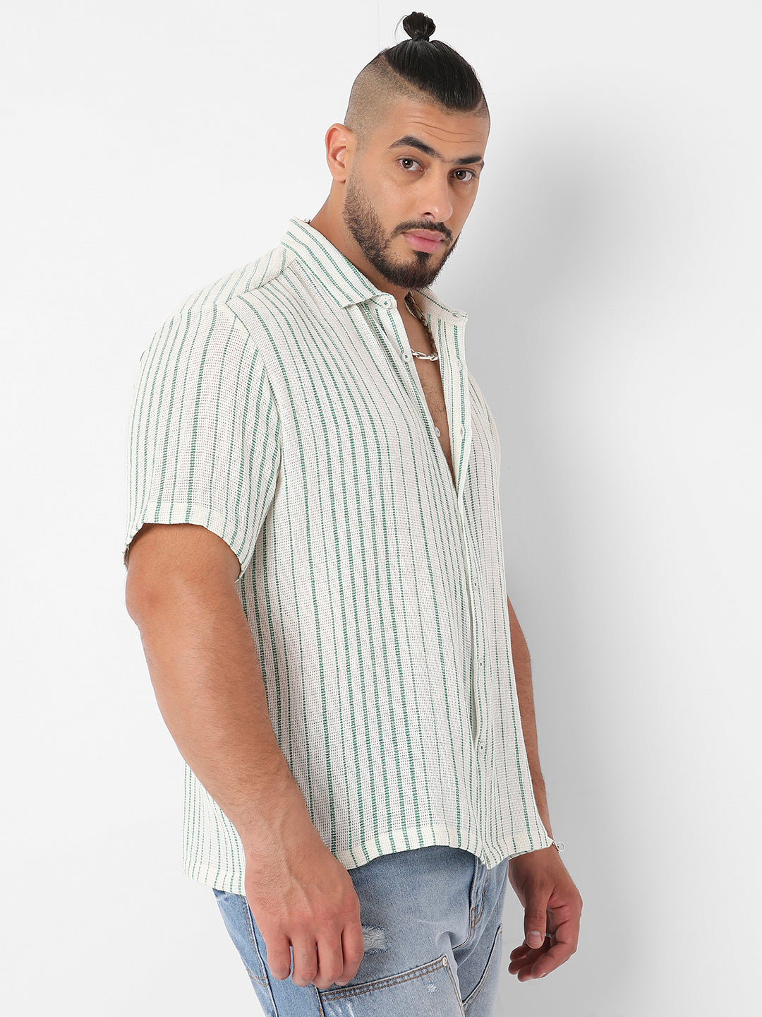 White & Green Unbalanced Striped Woven Shirt