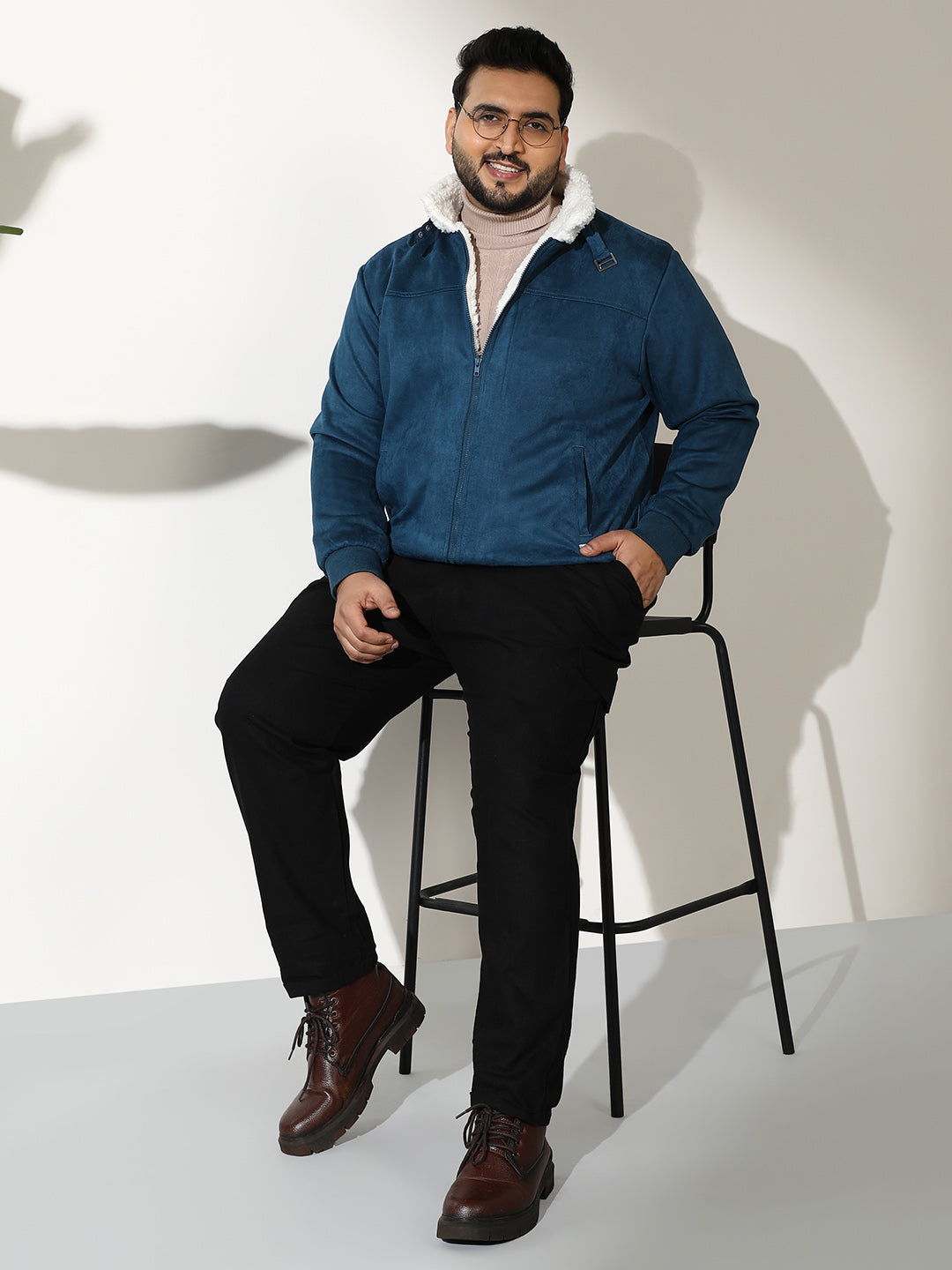 Contrast Sherpa-Lined Suede Bomber Jacket