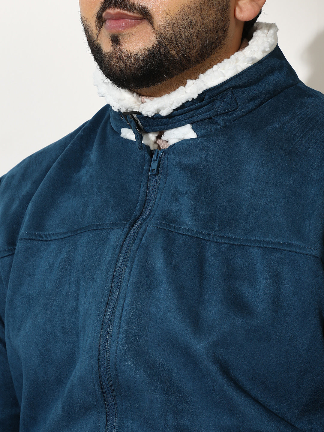 Contrast Sherpa-Lined Suede Bomber Jacket