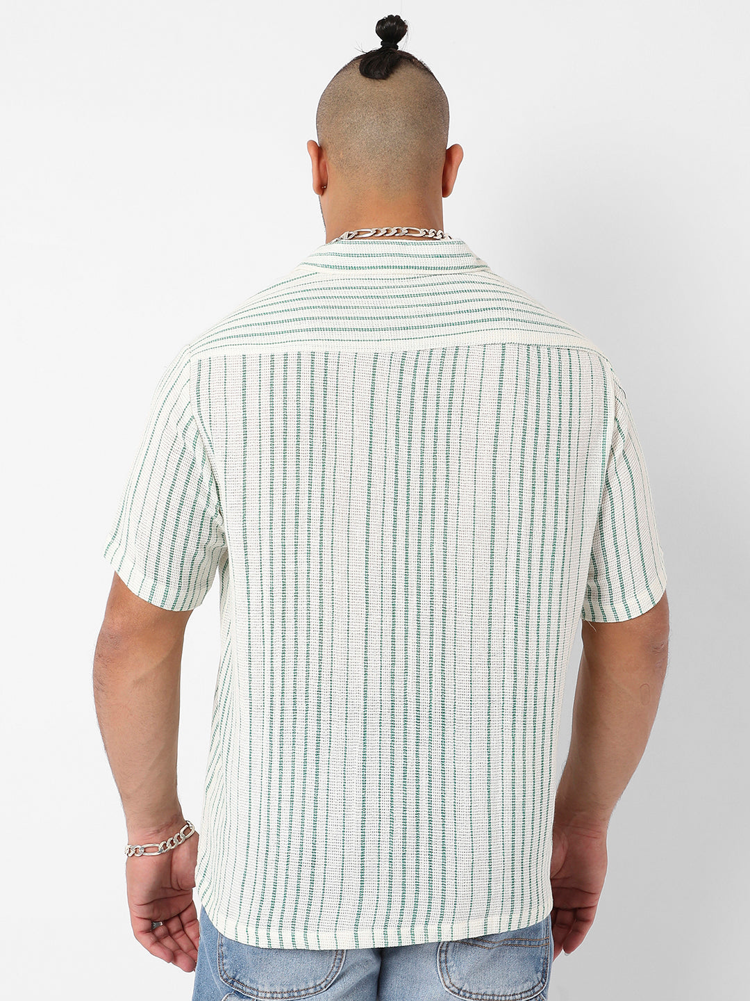 White & Green Unbalanced Striped Woven Shirt