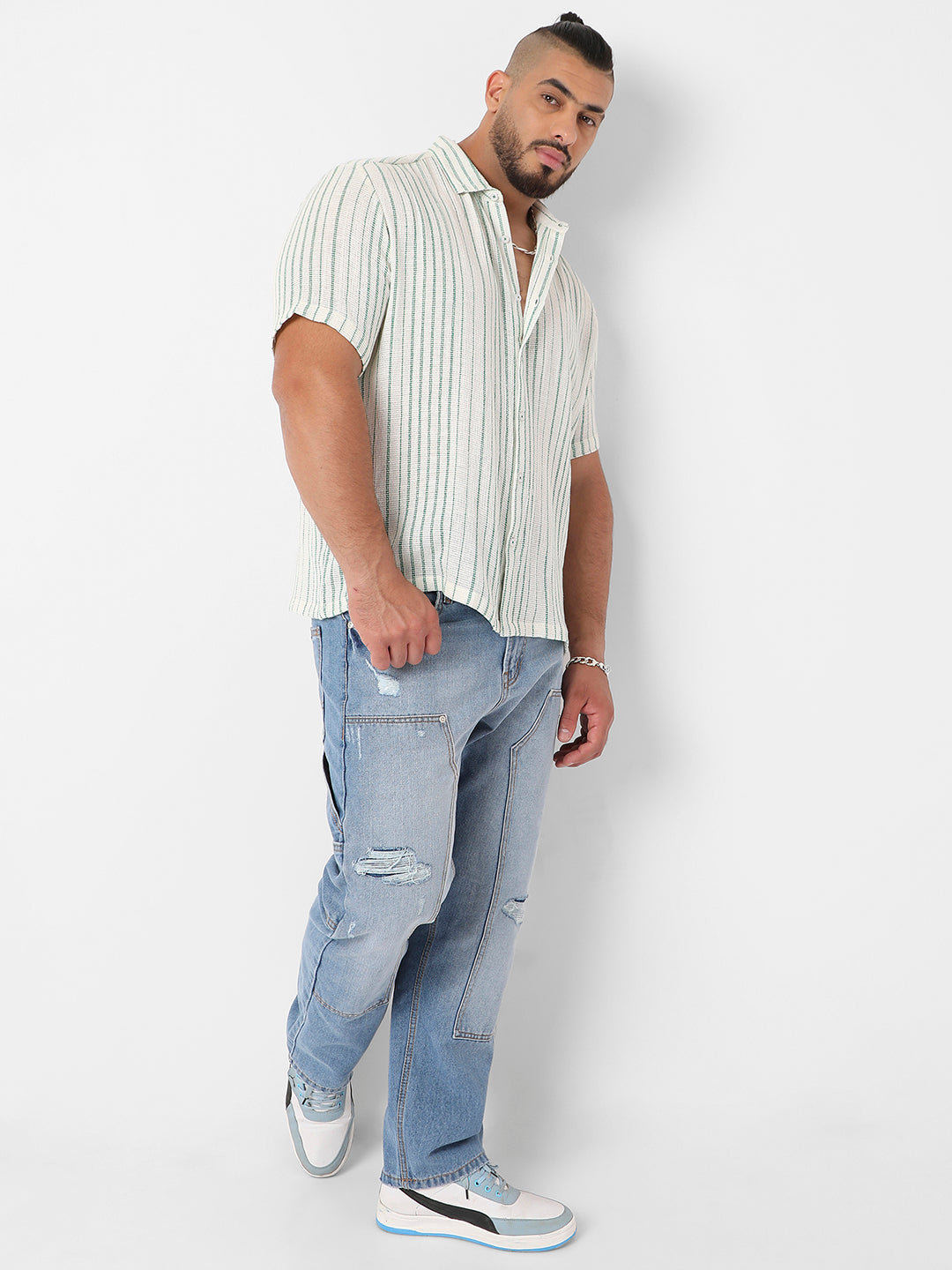 White & Green Unbalanced Striped Woven Shirt