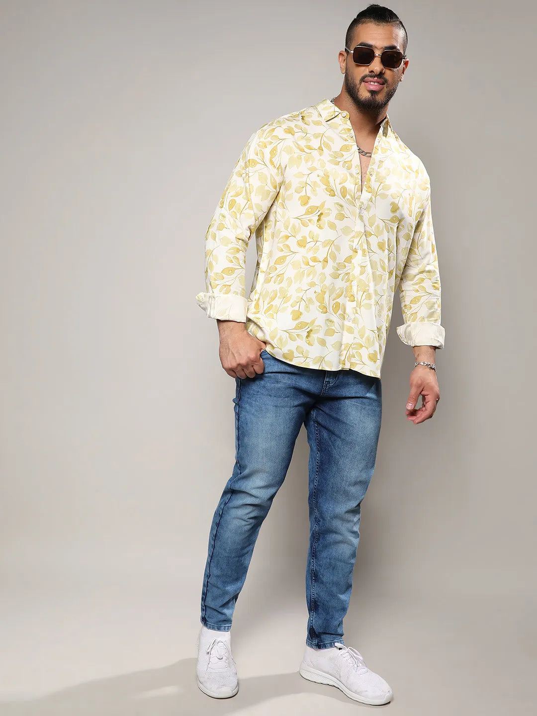 Artistic Foliage Print Button Up Shirt