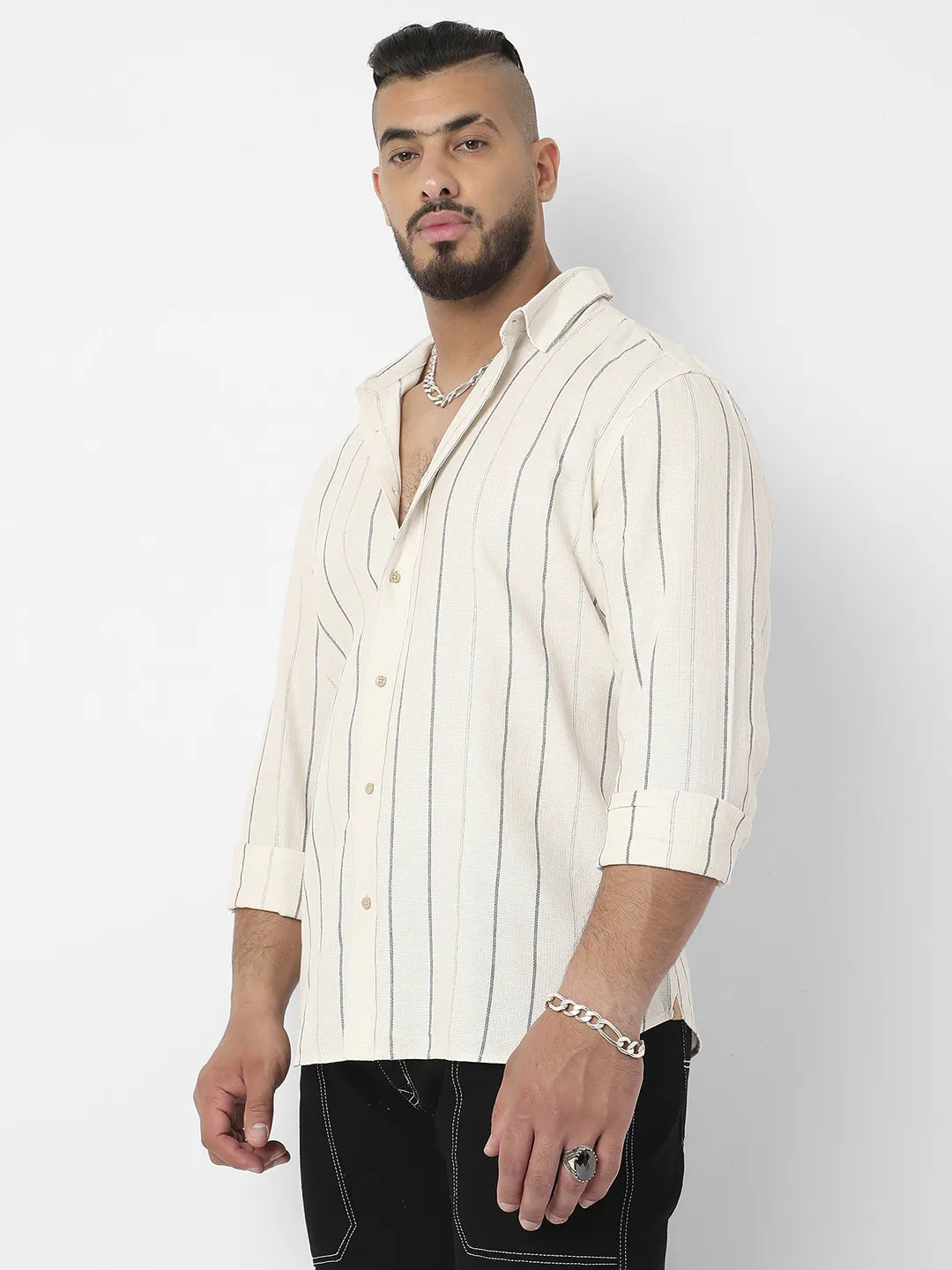 Beige Contrast Pinstriped Shirt