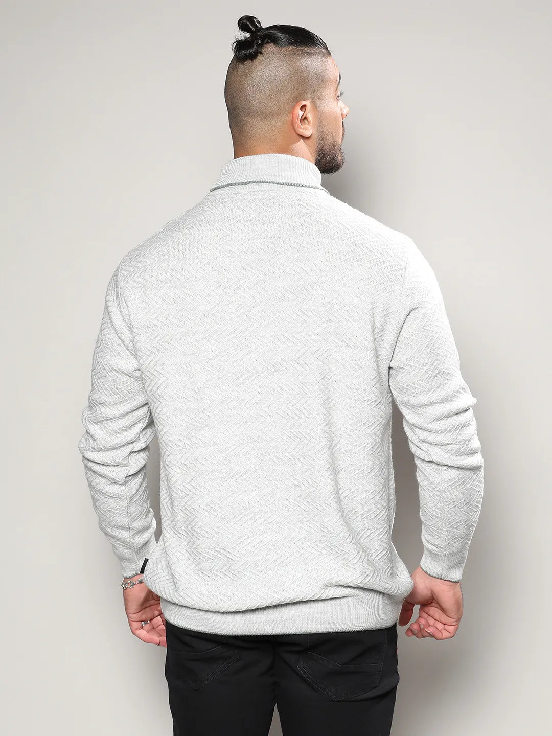 Beige Herringbone Knitted Pullover Sweater