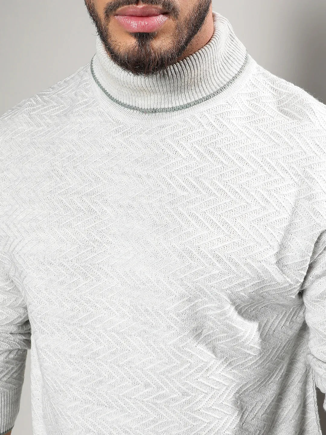 Beige Herringbone Knitted Pullover Sweater