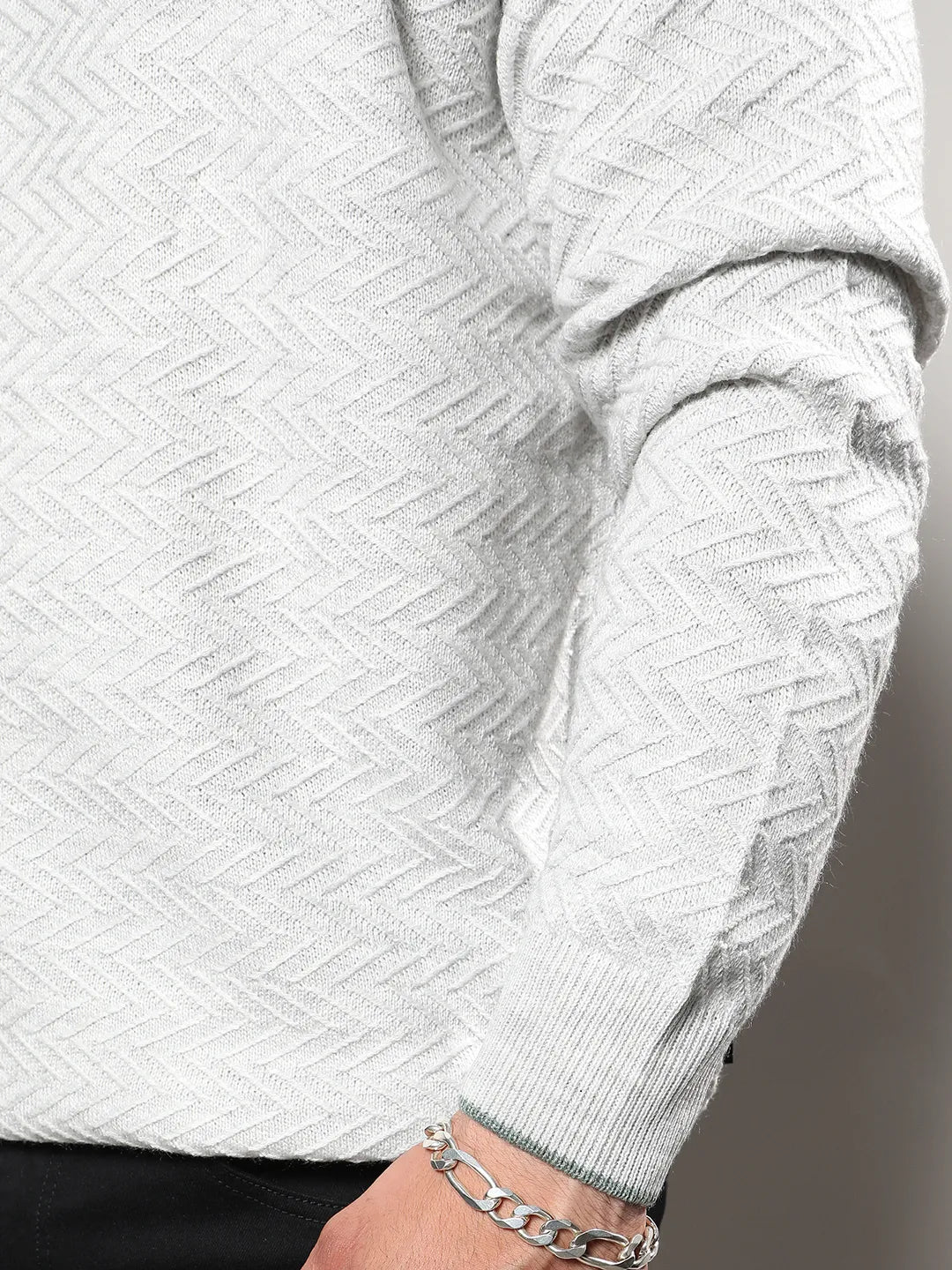 Beige Herringbone Knitted Pullover Sweater