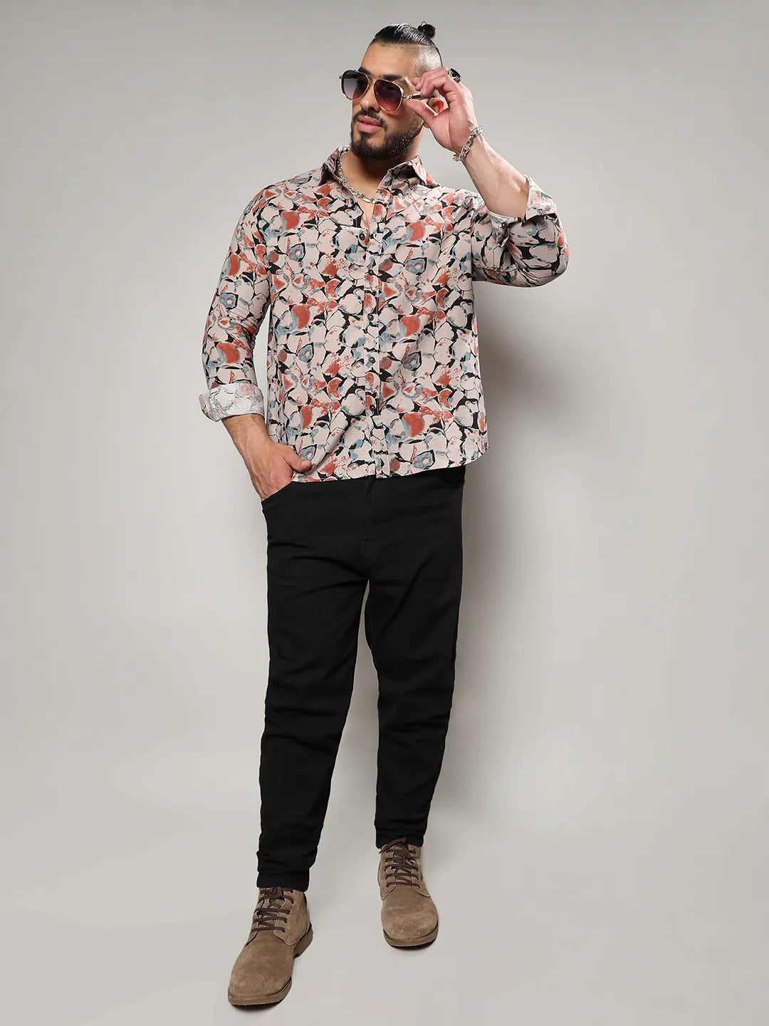 Beige & Brown Artistic Floral Cluster Shirt