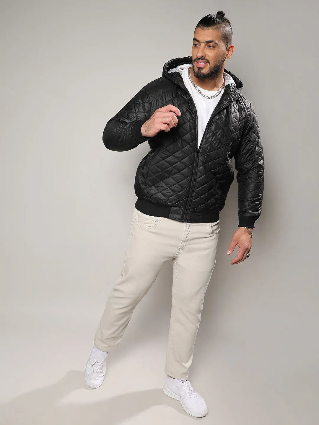 Black Quilted Puffer Jacket With Ribbed Hem