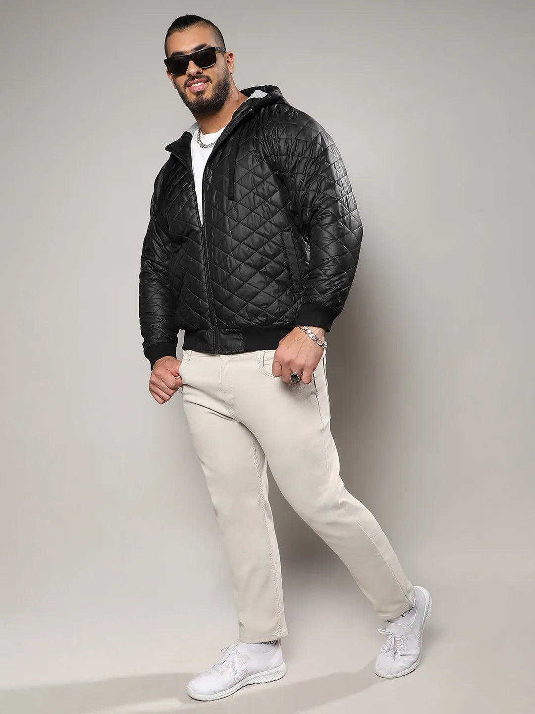 Black Quilted Puffer Jacket With Ribbed Hem