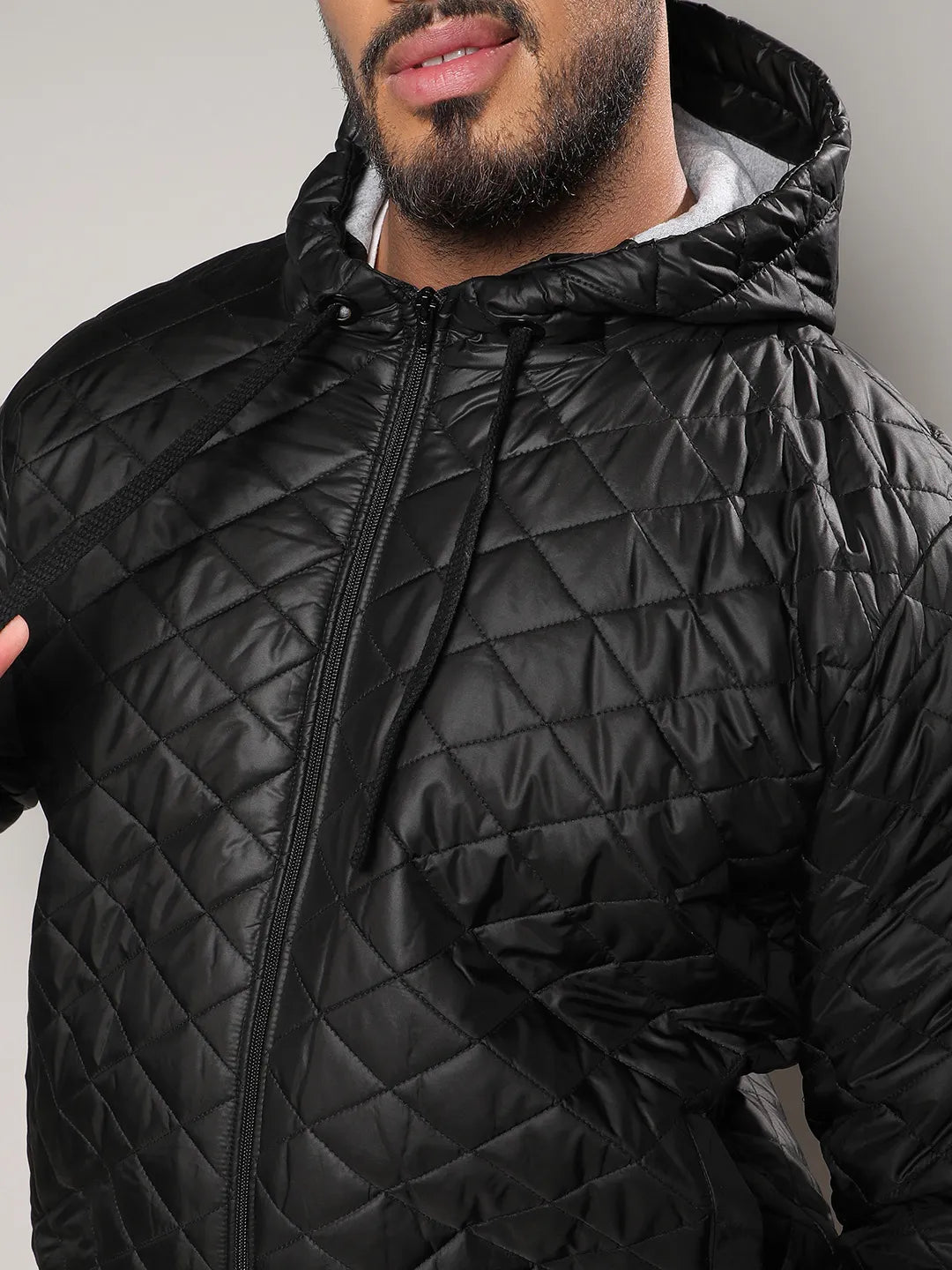 Black Quilted Puffer Jacket With Ribbed Hem