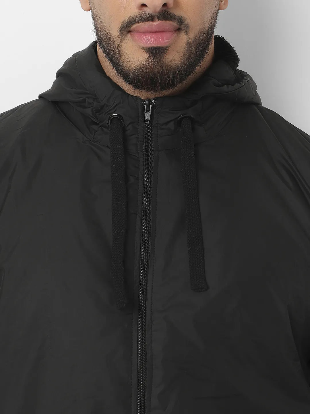 Black Zip-Front Puffer Jacket With Ribbed Hem