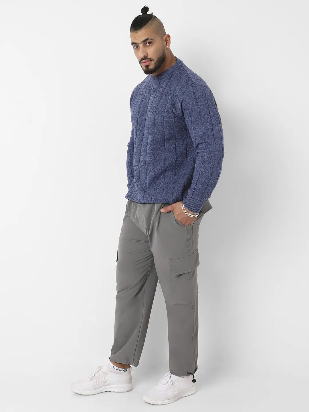 Blue Textured Knit Pullover Sweater