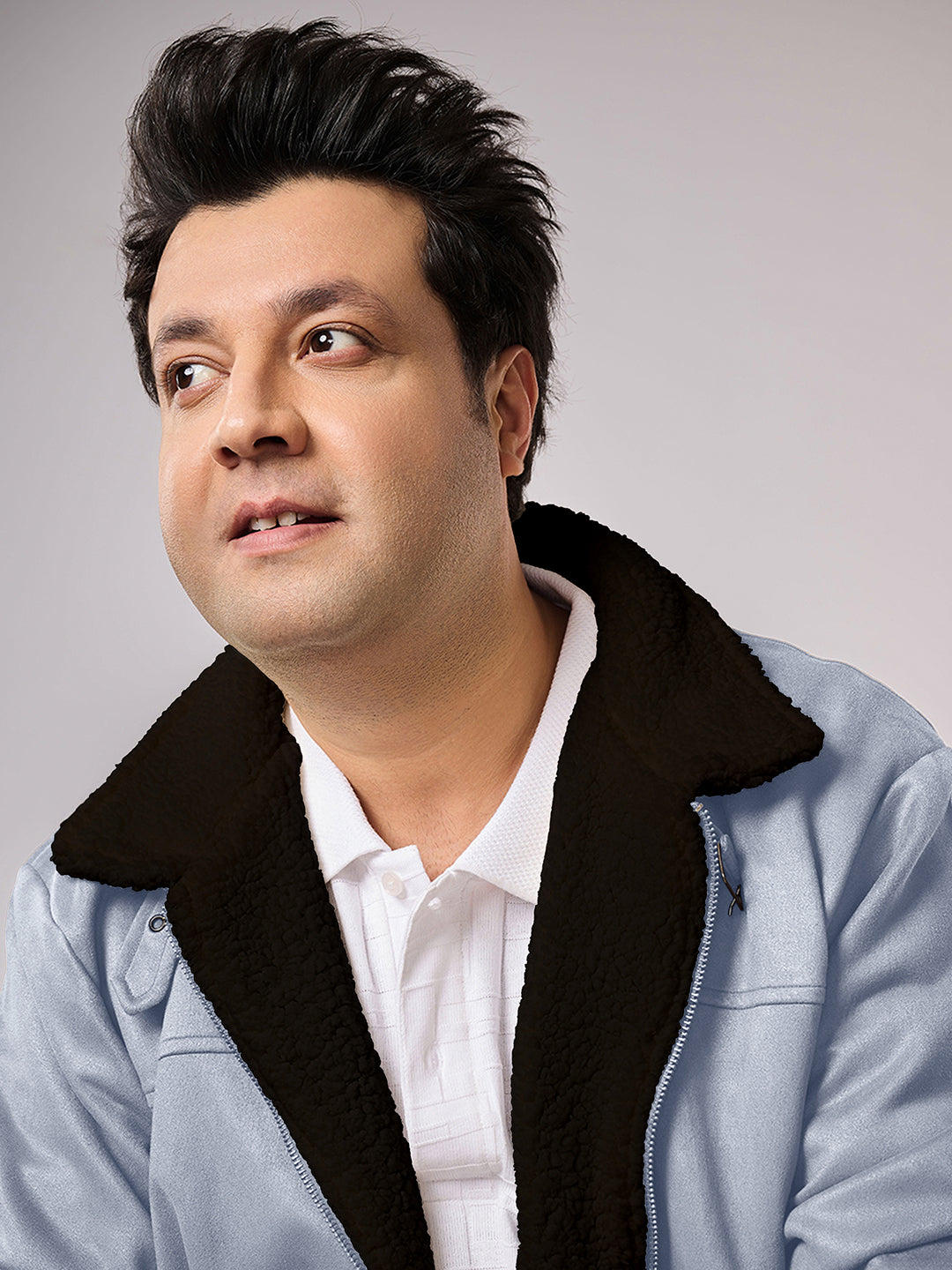 Contrast Sherpa-Lined Suede Bomber Jacket