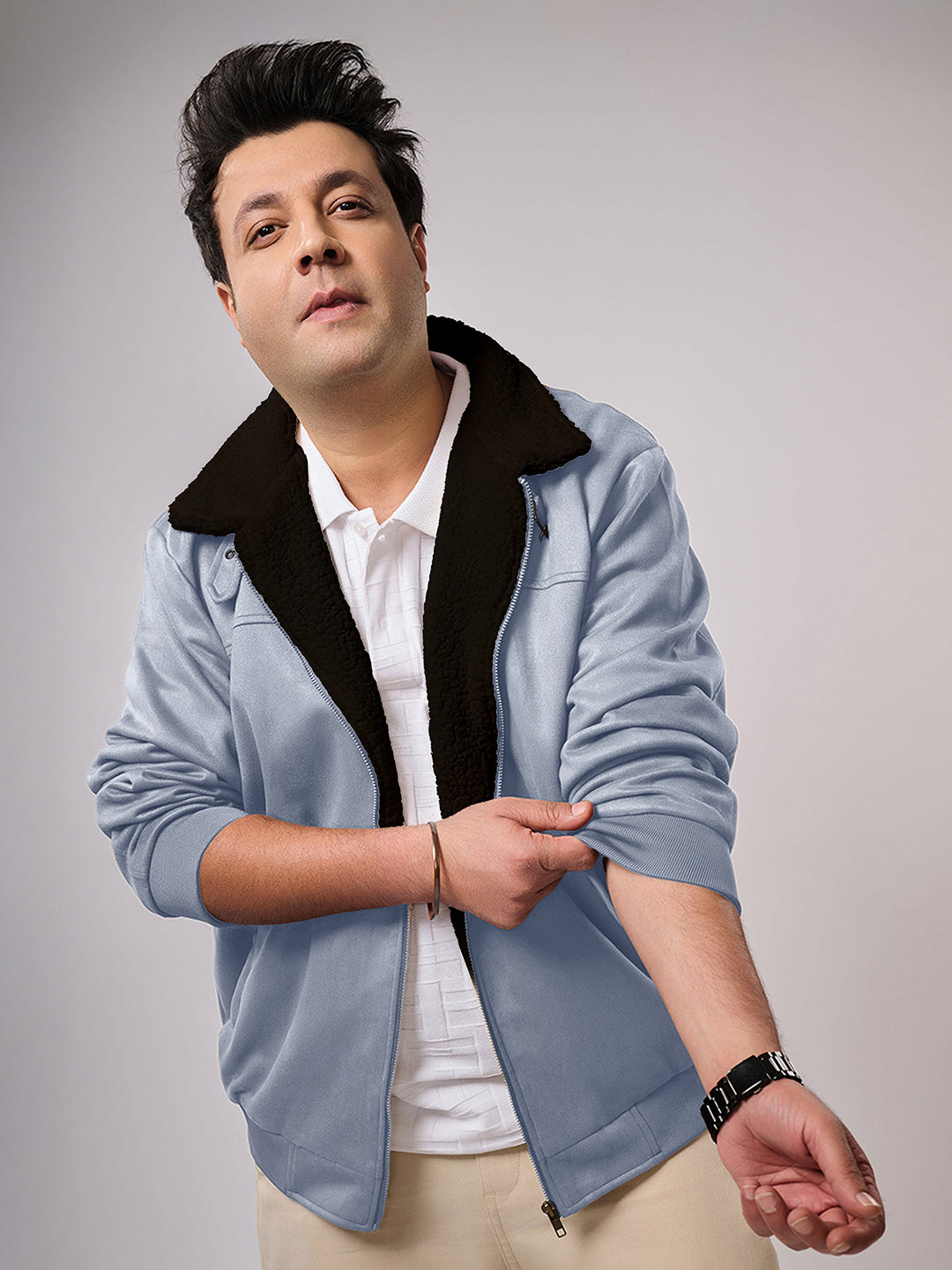 Contrast Sherpa-Lined Suede Bomber Jacket