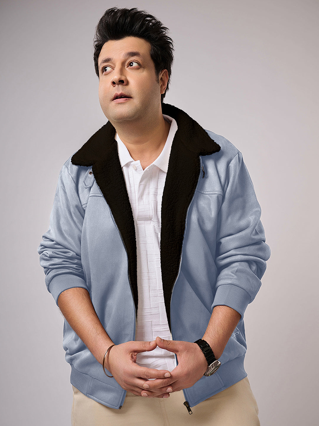 Contrast Sherpa-Lined Suede Bomber Jacket