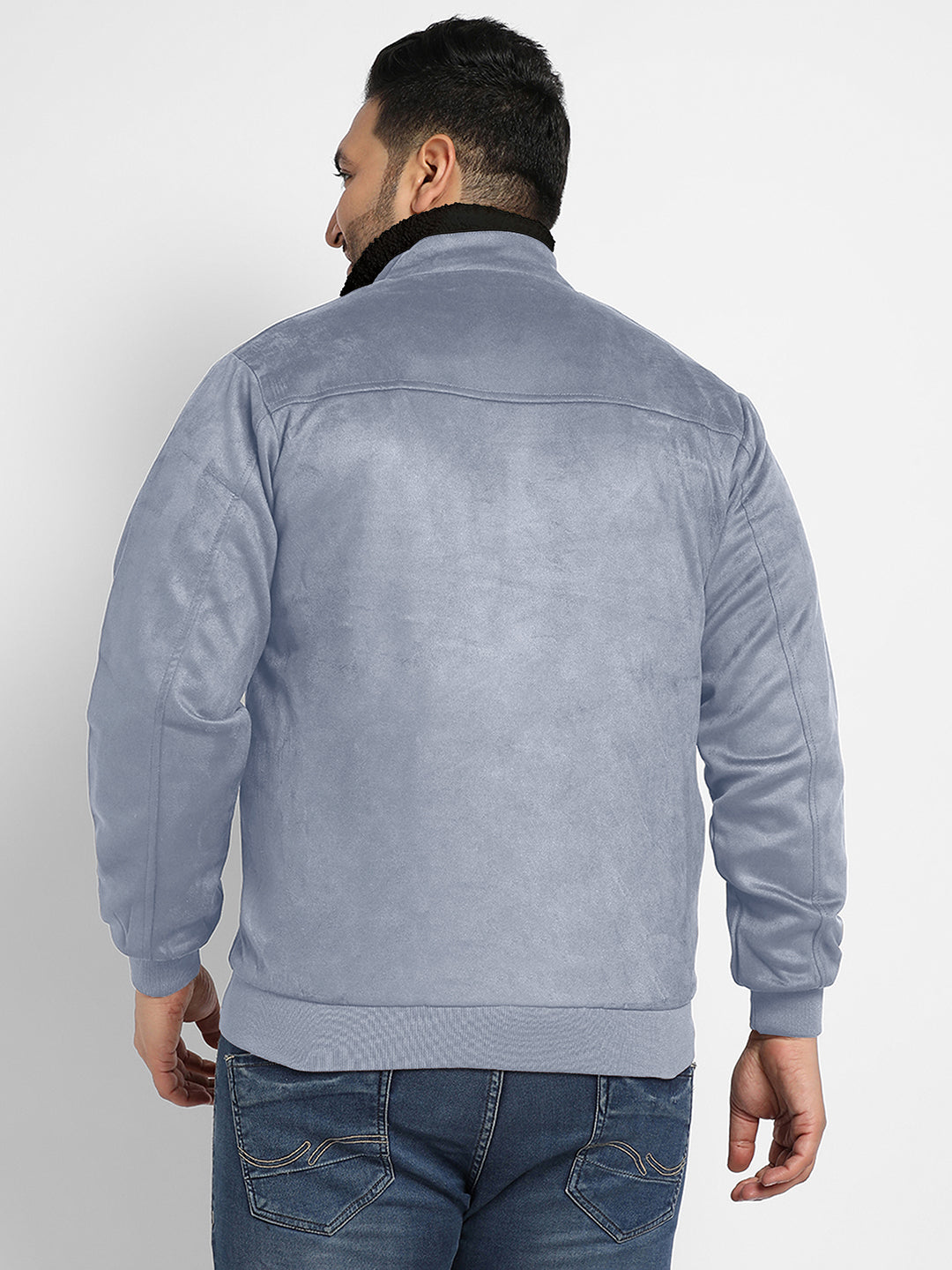 Contrast Sherpa-Lined Suede Bomber Jacket