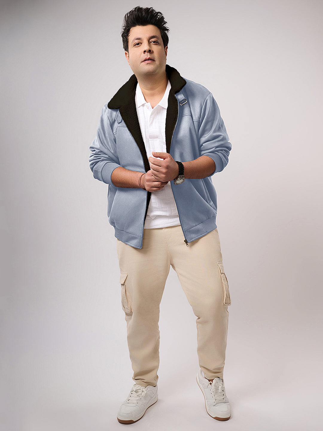 Contrast Sherpa-Lined Suede Bomber Jacket