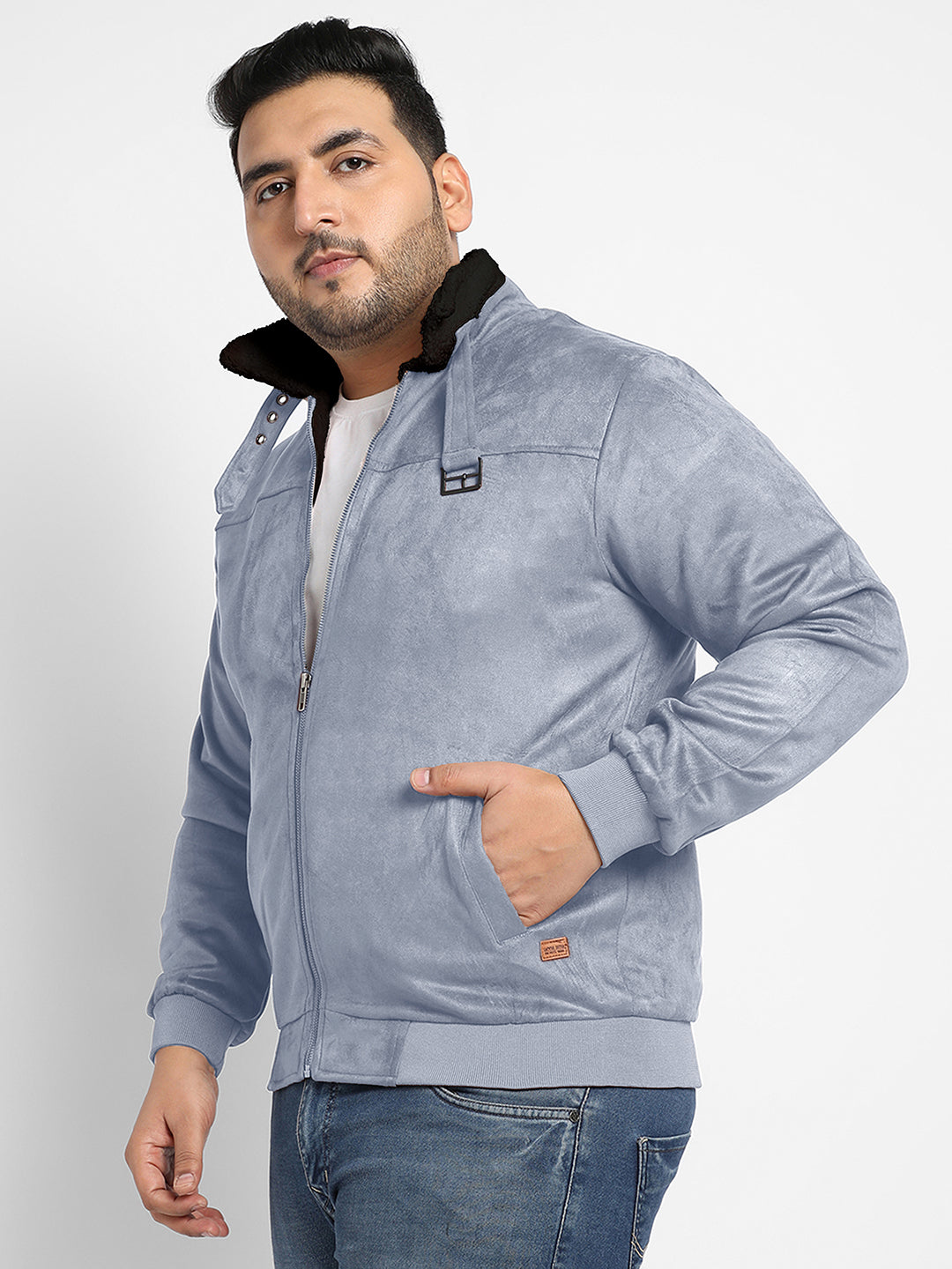 Contrast Sherpa-Lined Suede Bomber Jacket