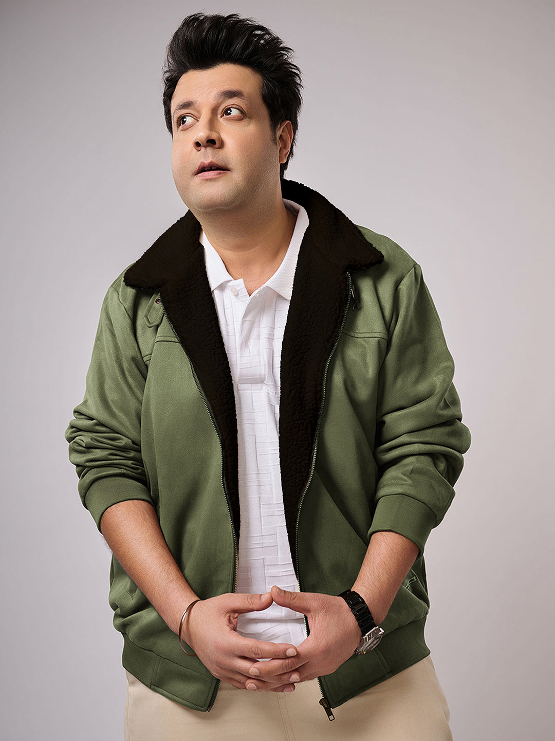 Contrast Sherpa-Lined Suede Bomber Jacket