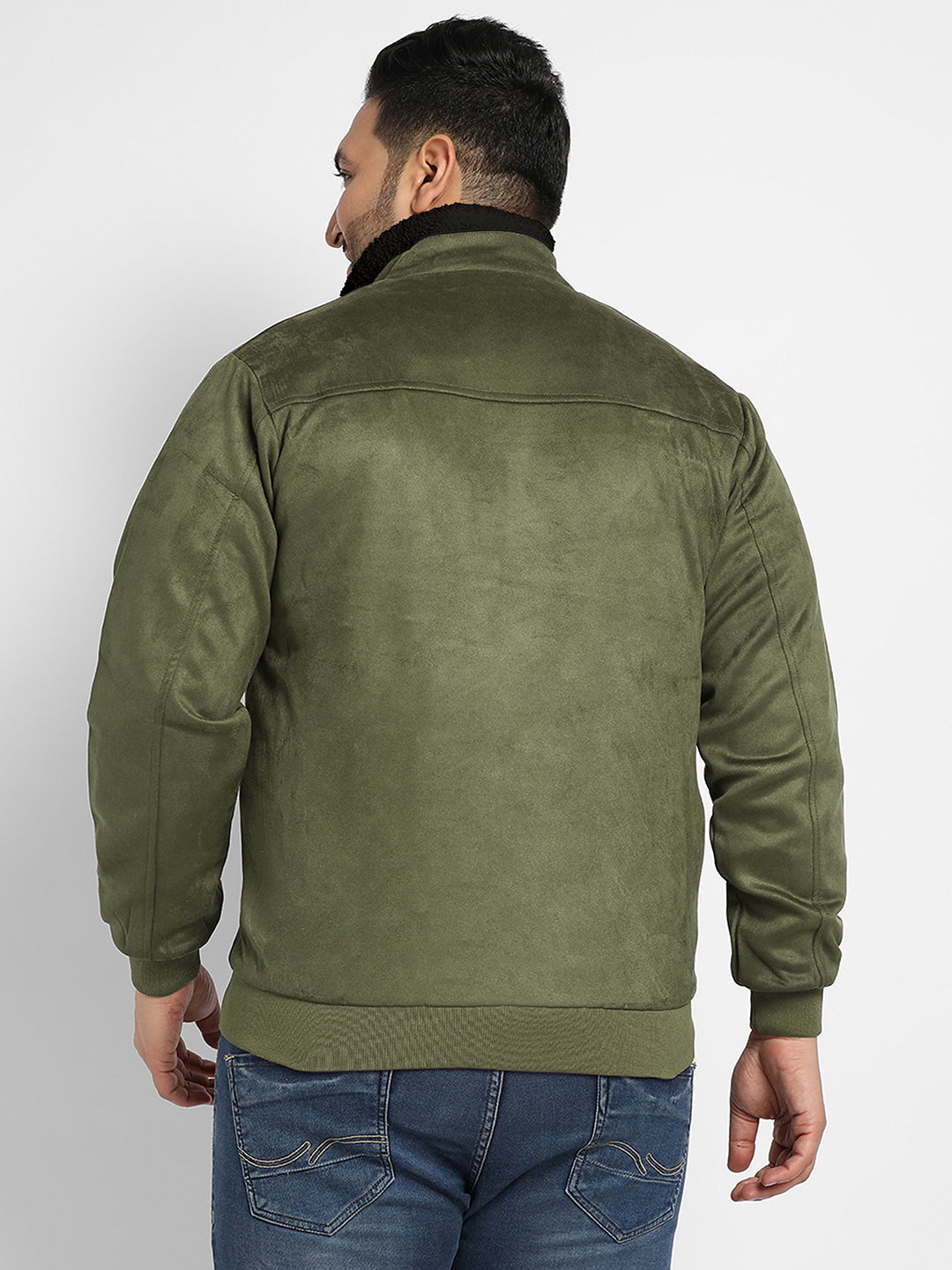 Contrast Sherpa-Lined Suede Bomber Jacket