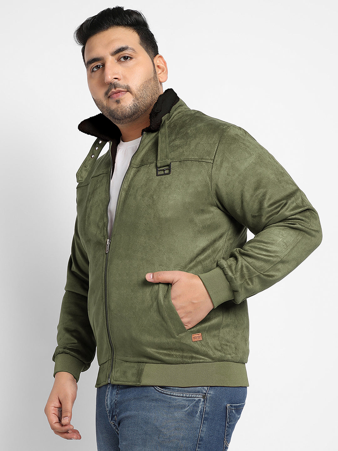 Contrast Sherpa-Lined Suede Bomber Jacket