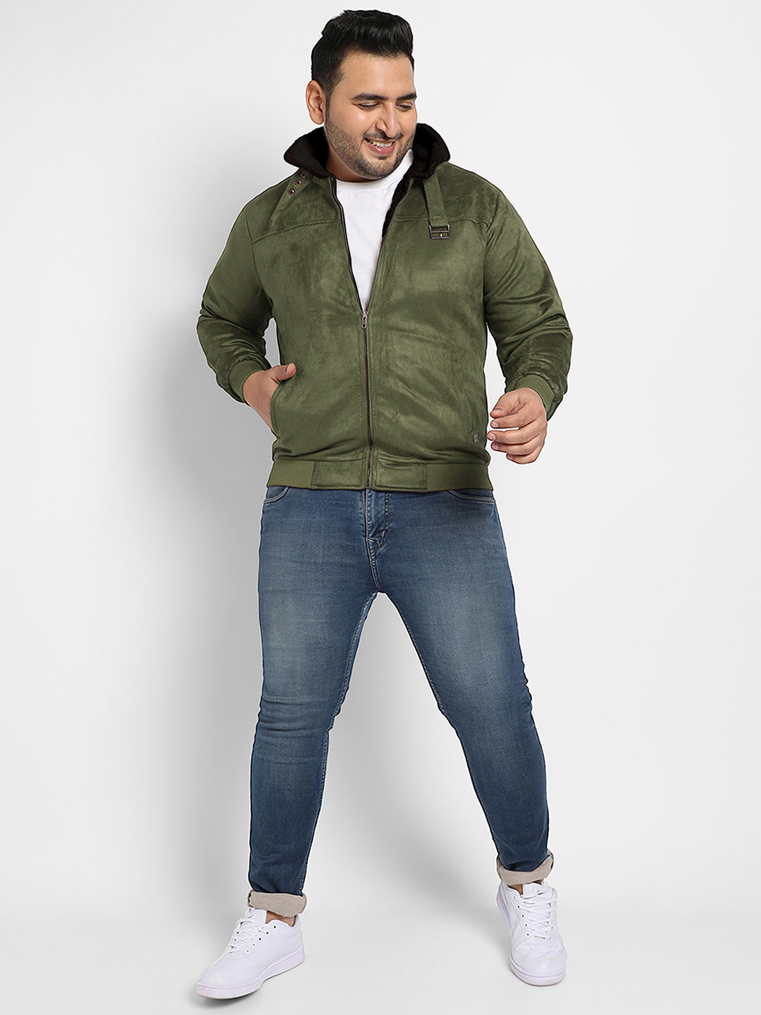 Contrast Sherpa-Lined Suede Bomber Jacket
