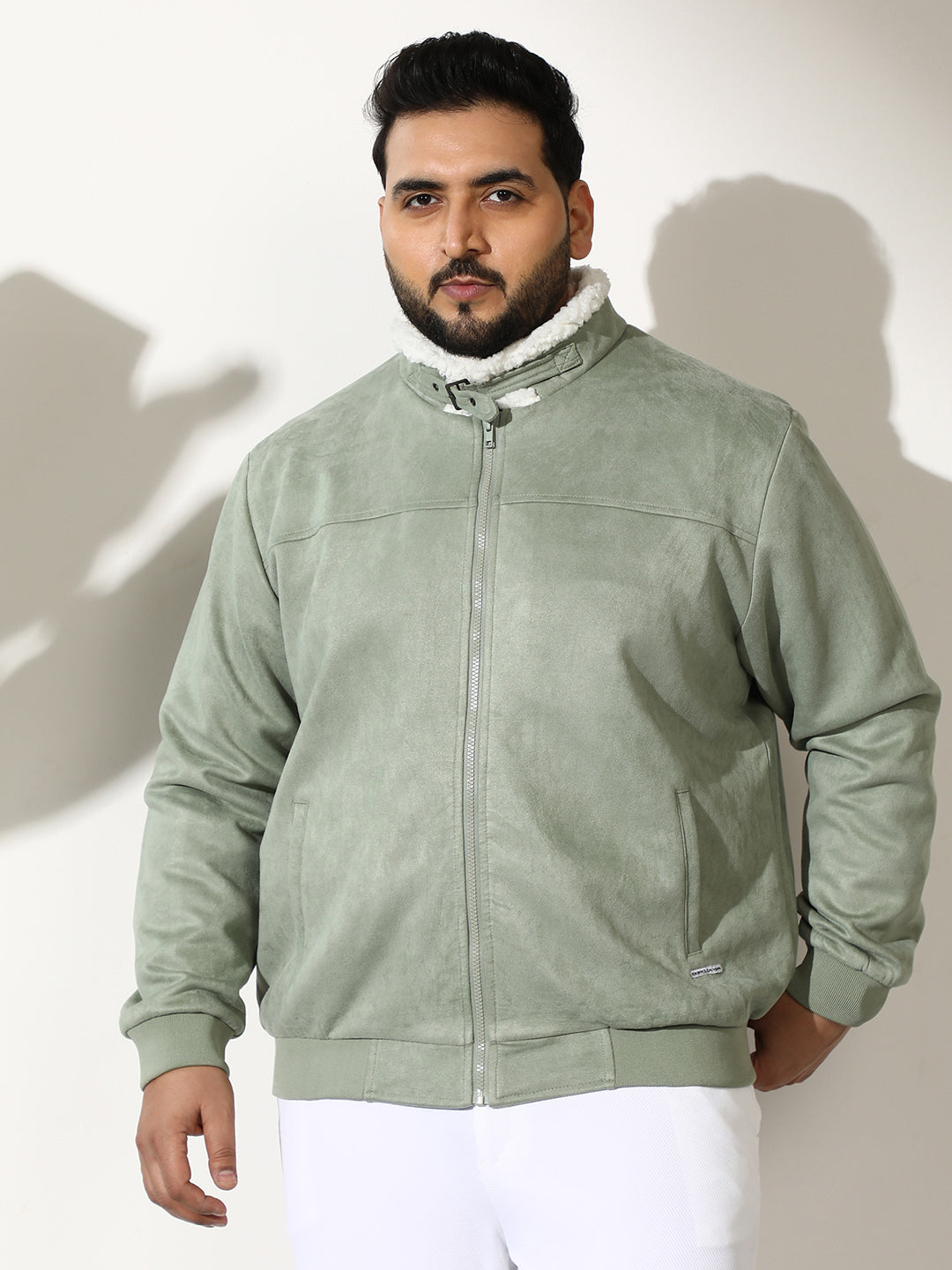 Contrast Sherpa-Lined Suede Bomber Jacket