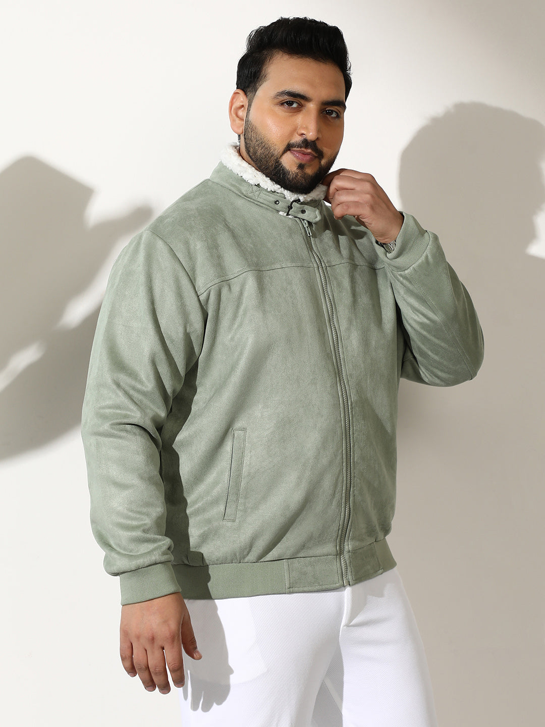 Contrast Sherpa-Lined Suede Bomber Jacket