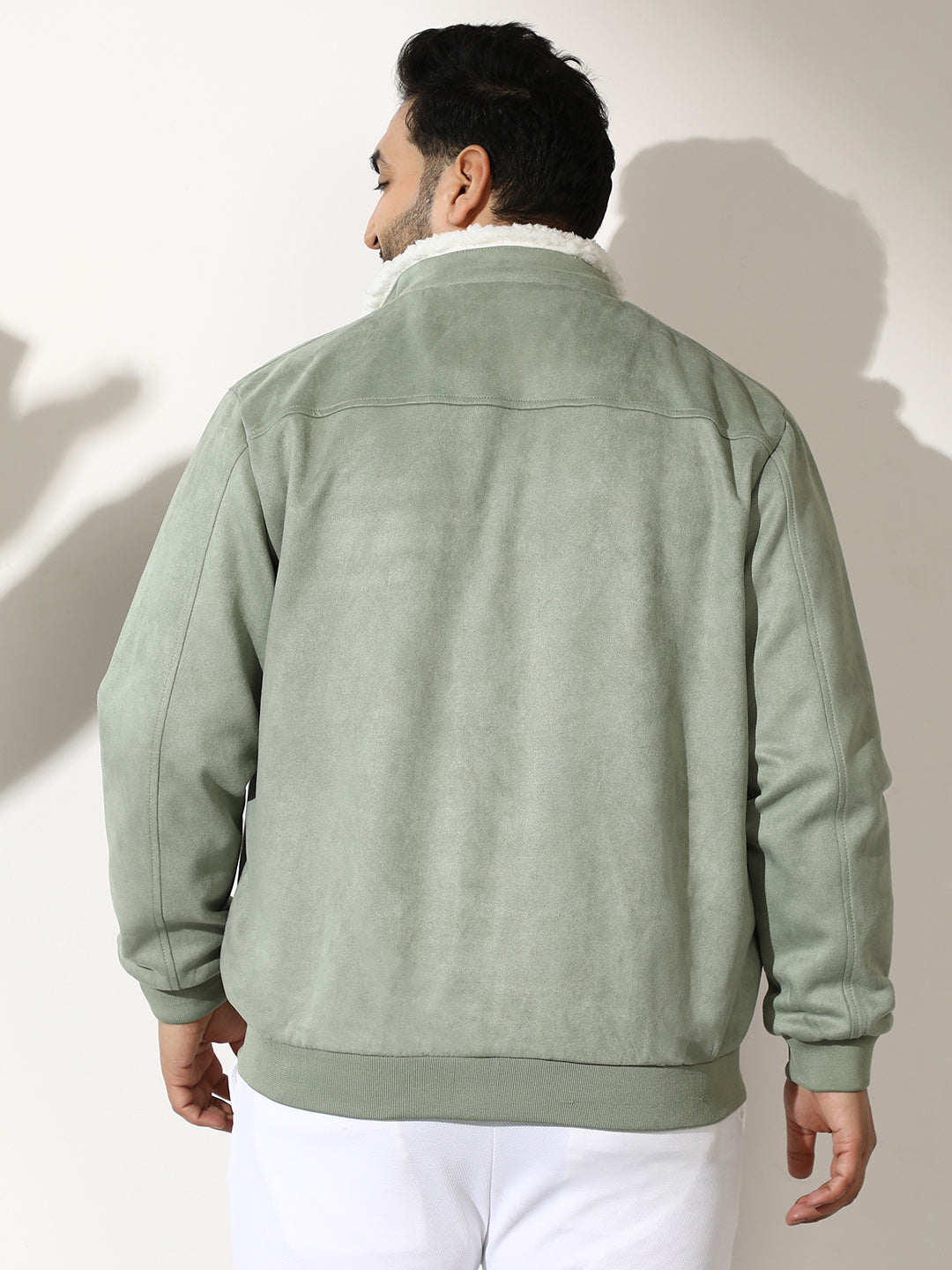 Contrast Sherpa-Lined Suede Bomber Jacket