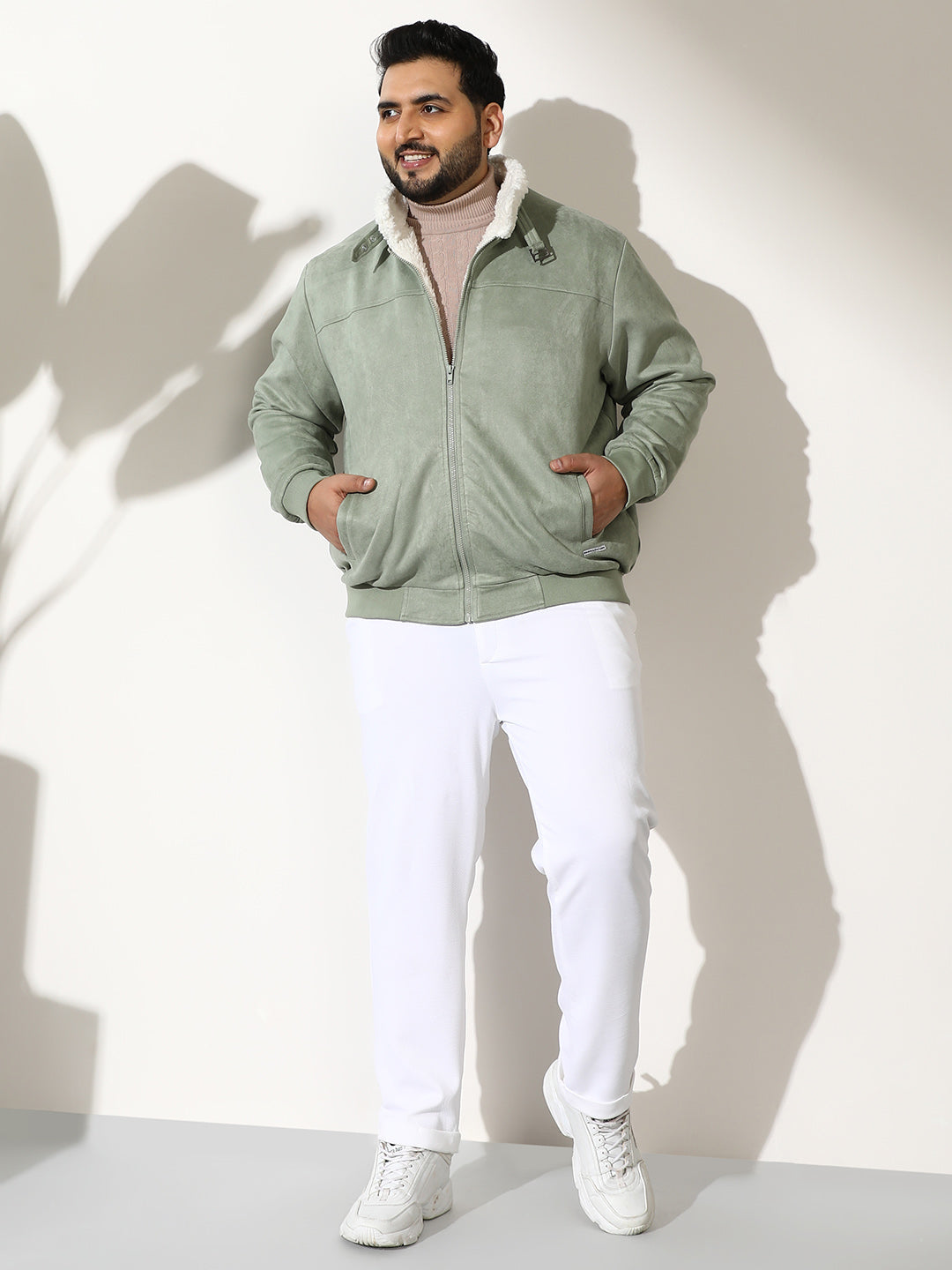 Contrast Sherpa-Lined Suede Bomber Jacket