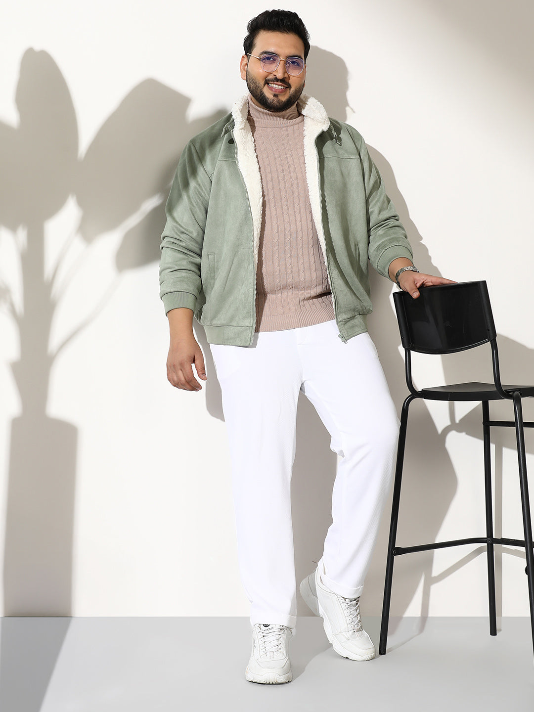 Contrast Sherpa-Lined Suede Bomber Jacket