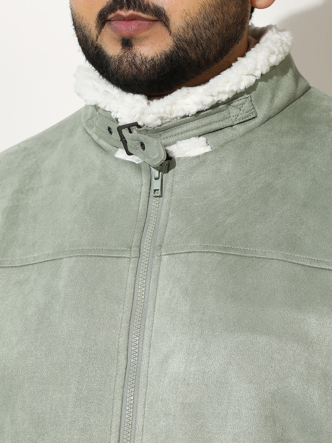 Contrast Sherpa-Lined Suede Bomber Jacket