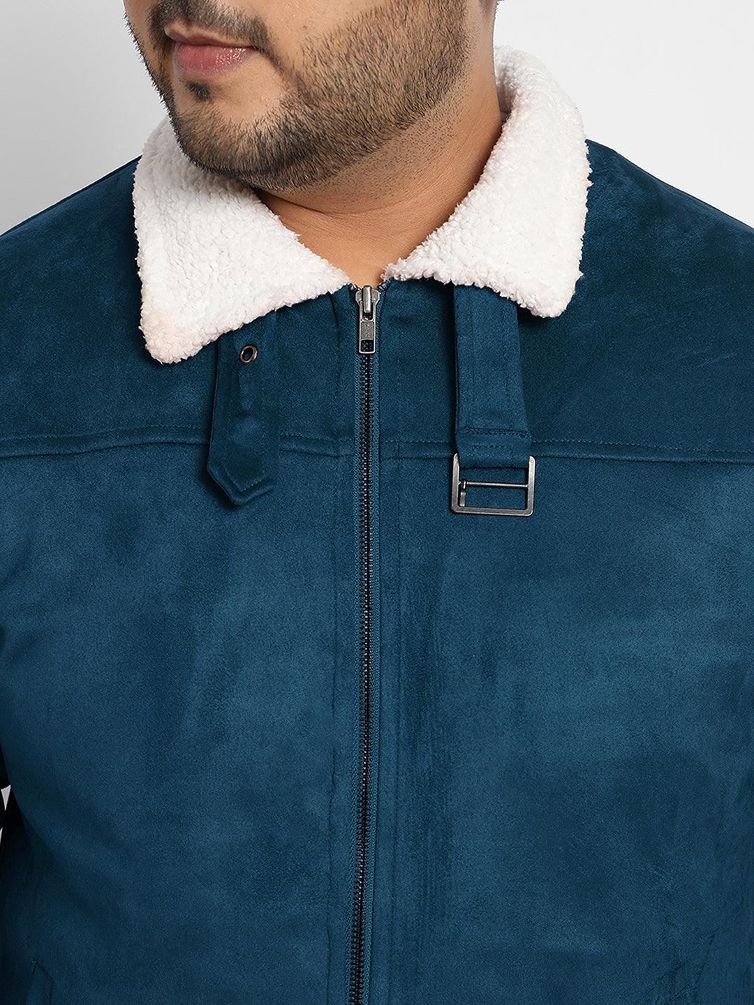 Contrast Sherpa-Lined Suede Bomber Jacket