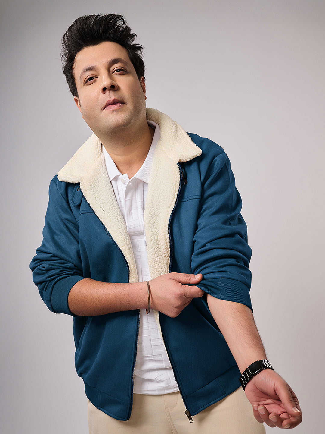 Contrast Sherpa-Lined Suede Bomber Jacket