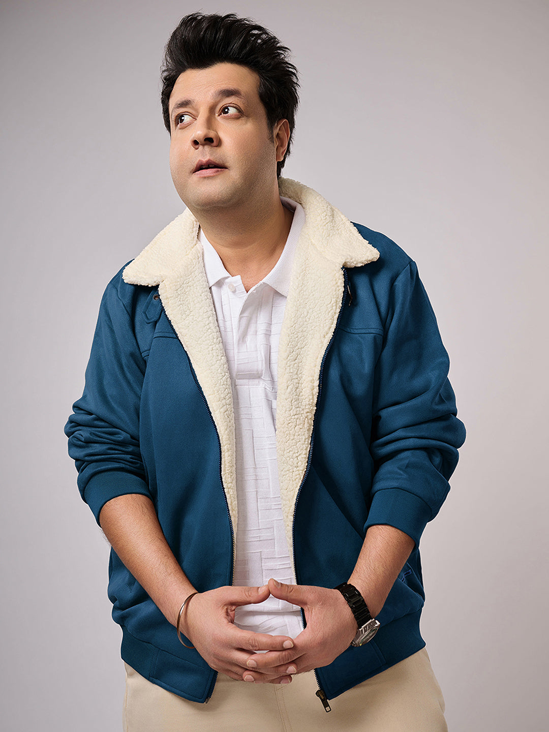 Contrast Sherpa-Lined Suede Bomber Jacket