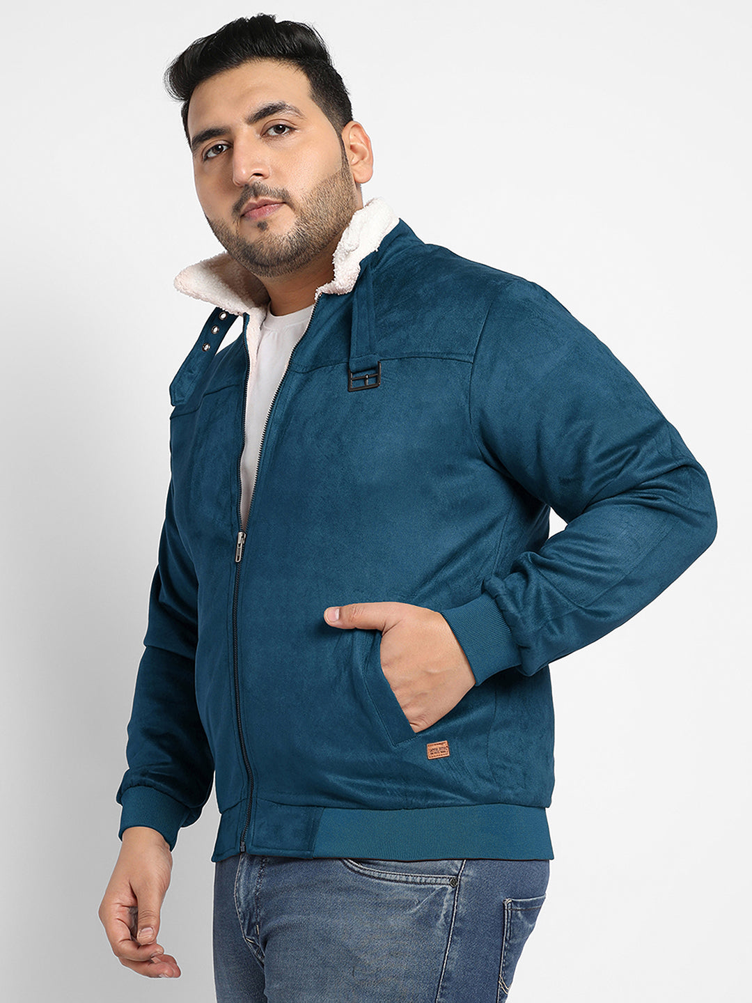 Contrast Sherpa-Lined Suede Bomber Jacket