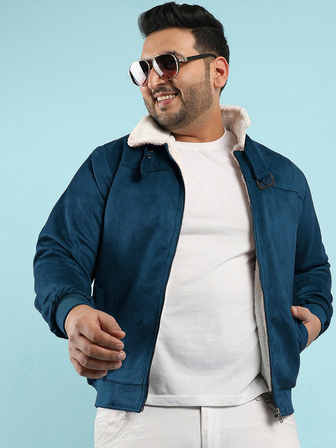 Contrast Sherpa-Lined Suede Bomber Jacket