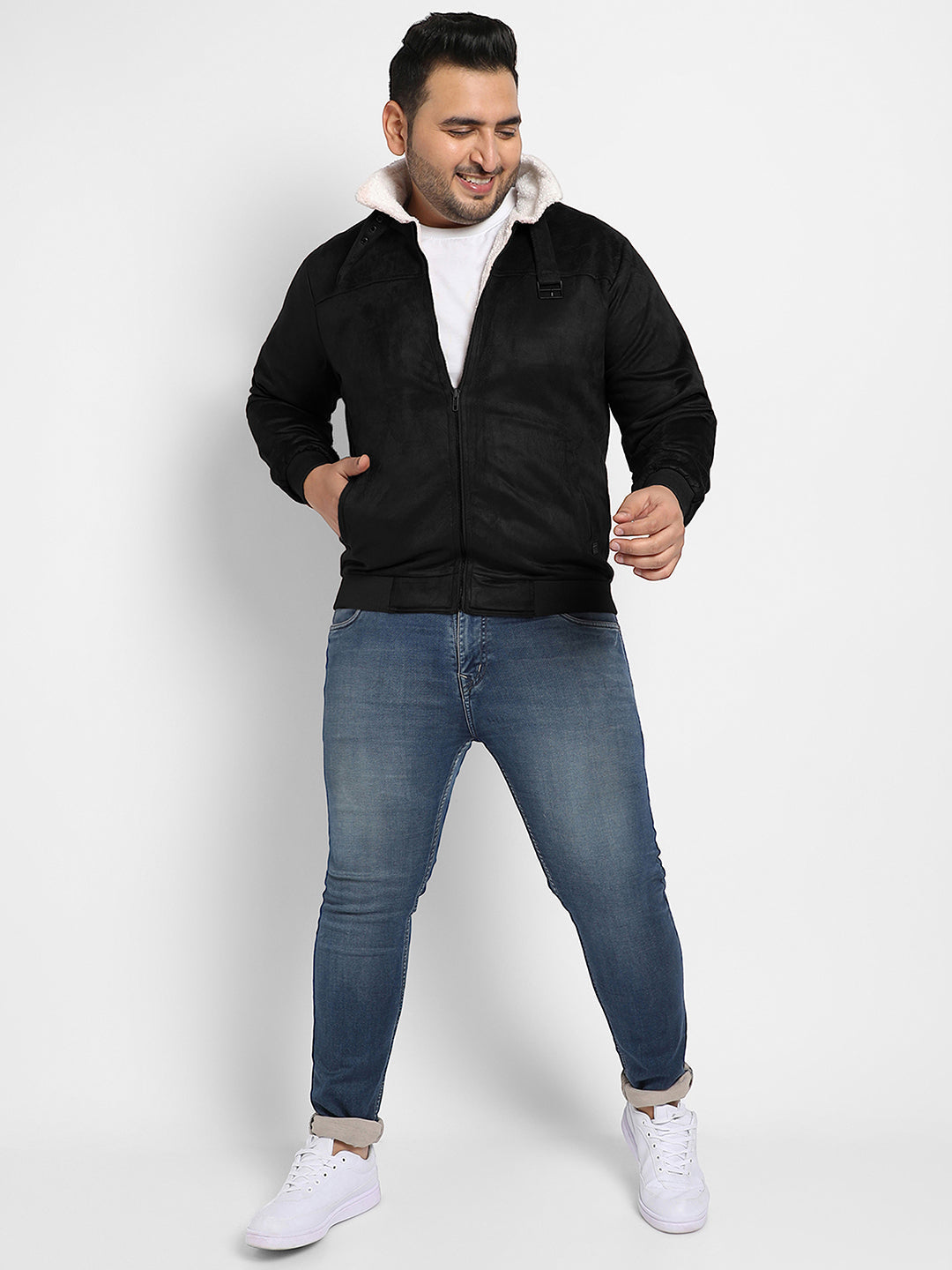 Contrast Sherpa-Lined Suede Bomber Jacket