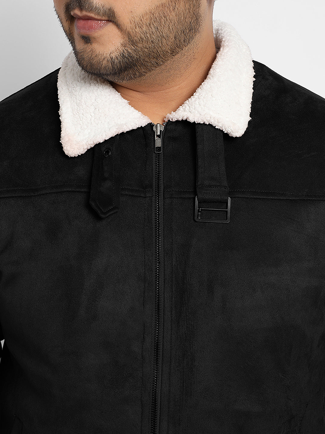 Contrast Sherpa-Lined Suede Bomber Jacket