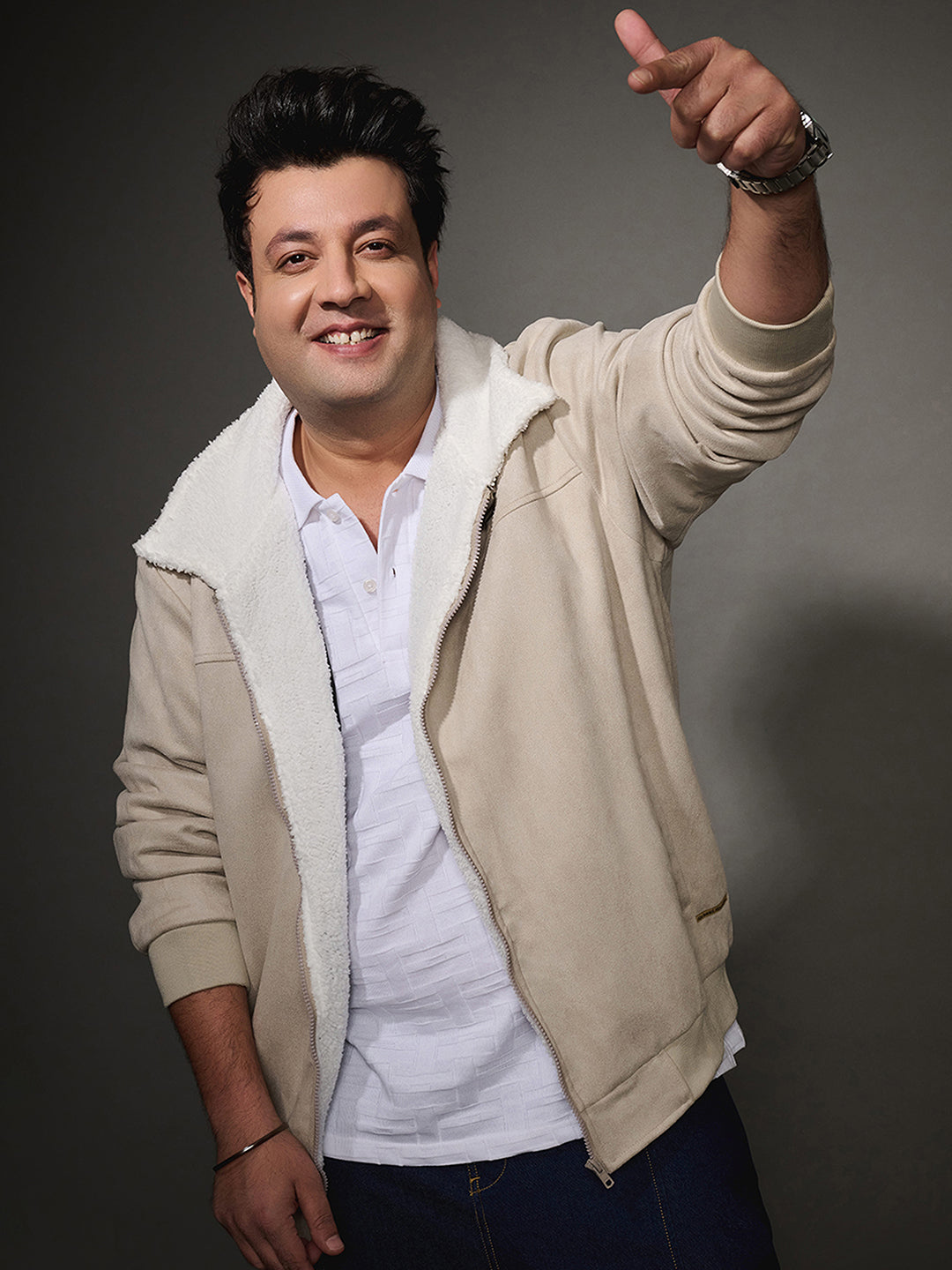 Contrast Sherpa-Lined Suede Bomber Jacket