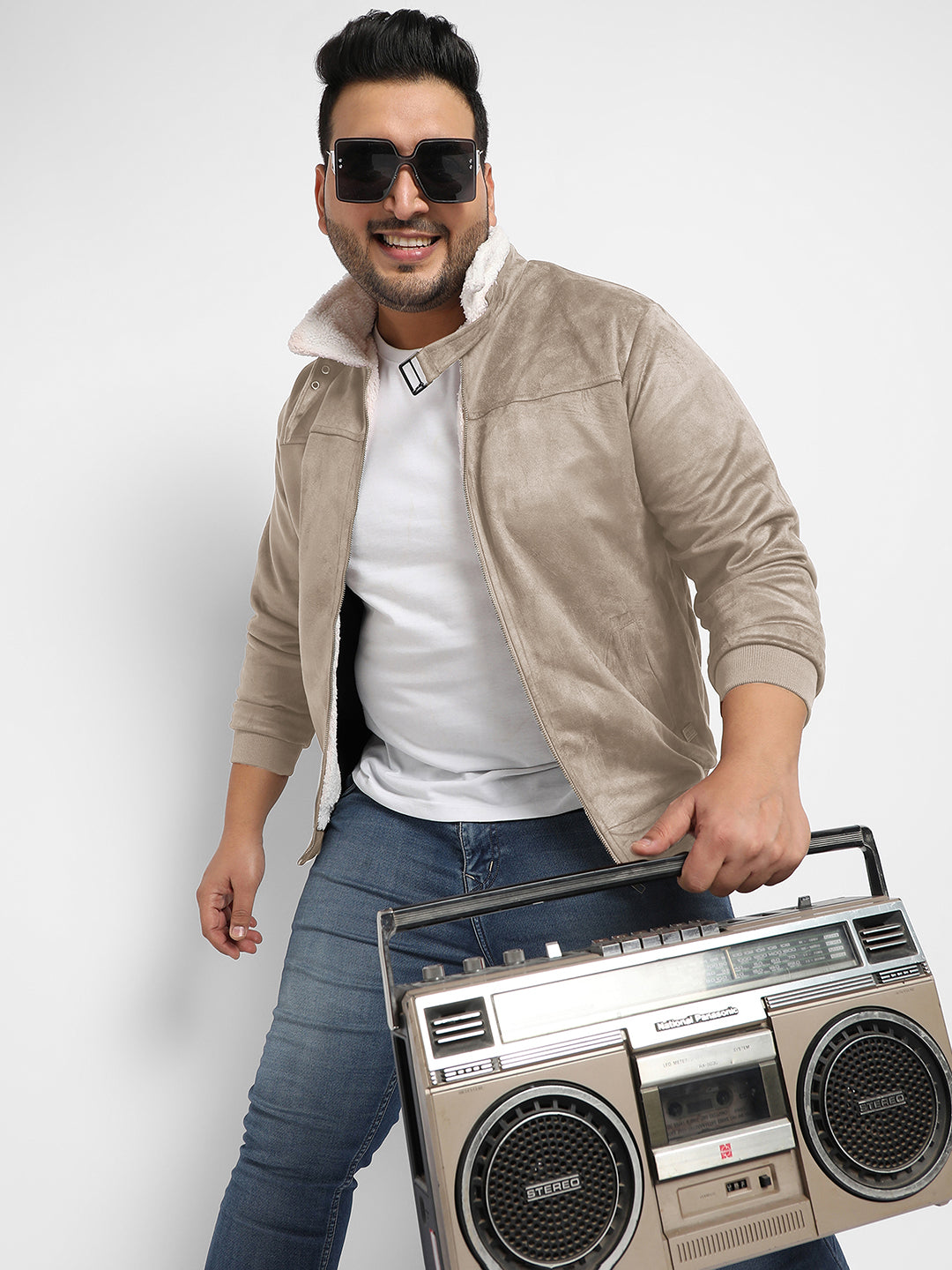 Contrast Sherpa-Lined Suede Bomber Jacket